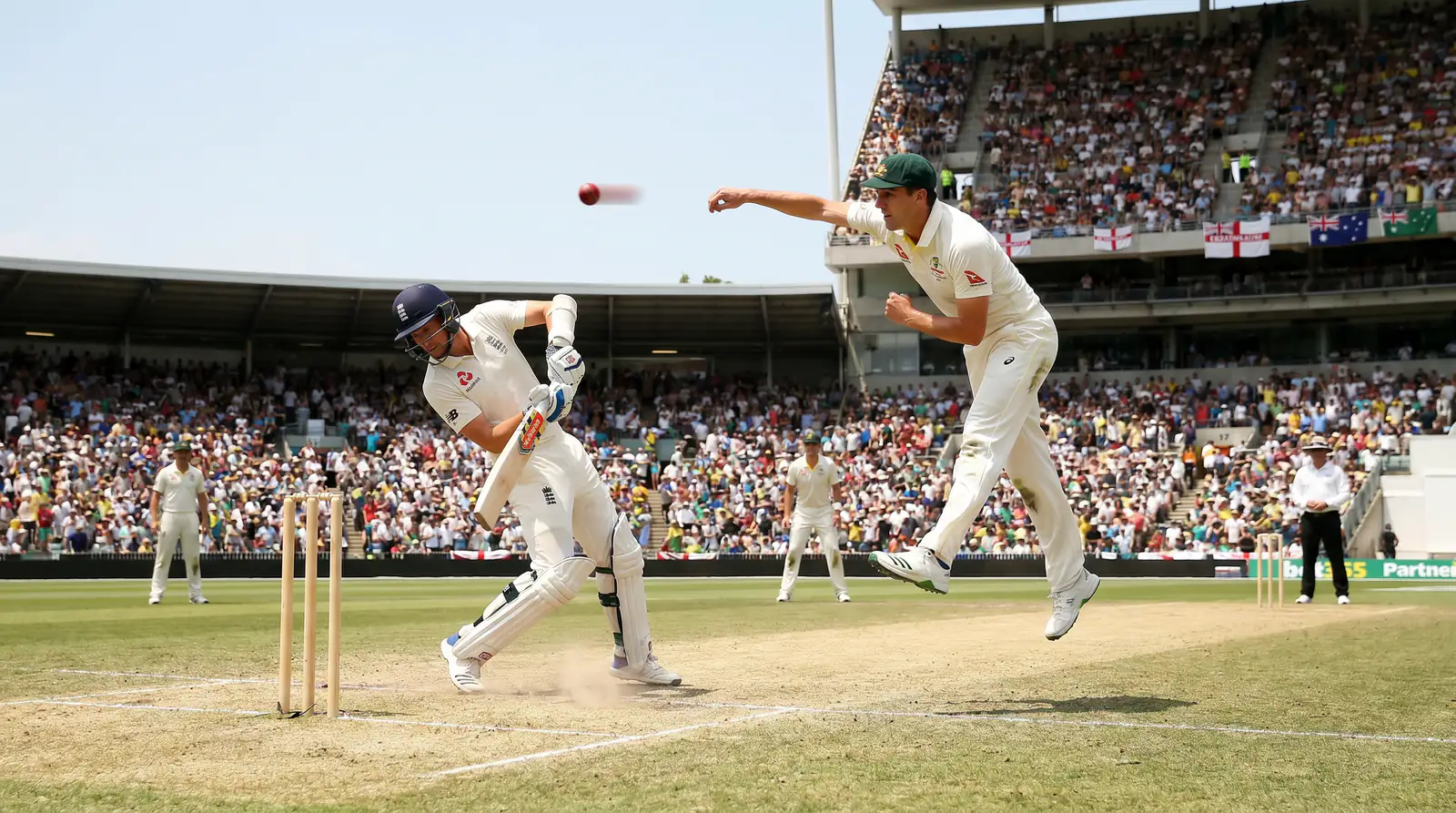 Ashes fast bowler delivering a hostile bouncer