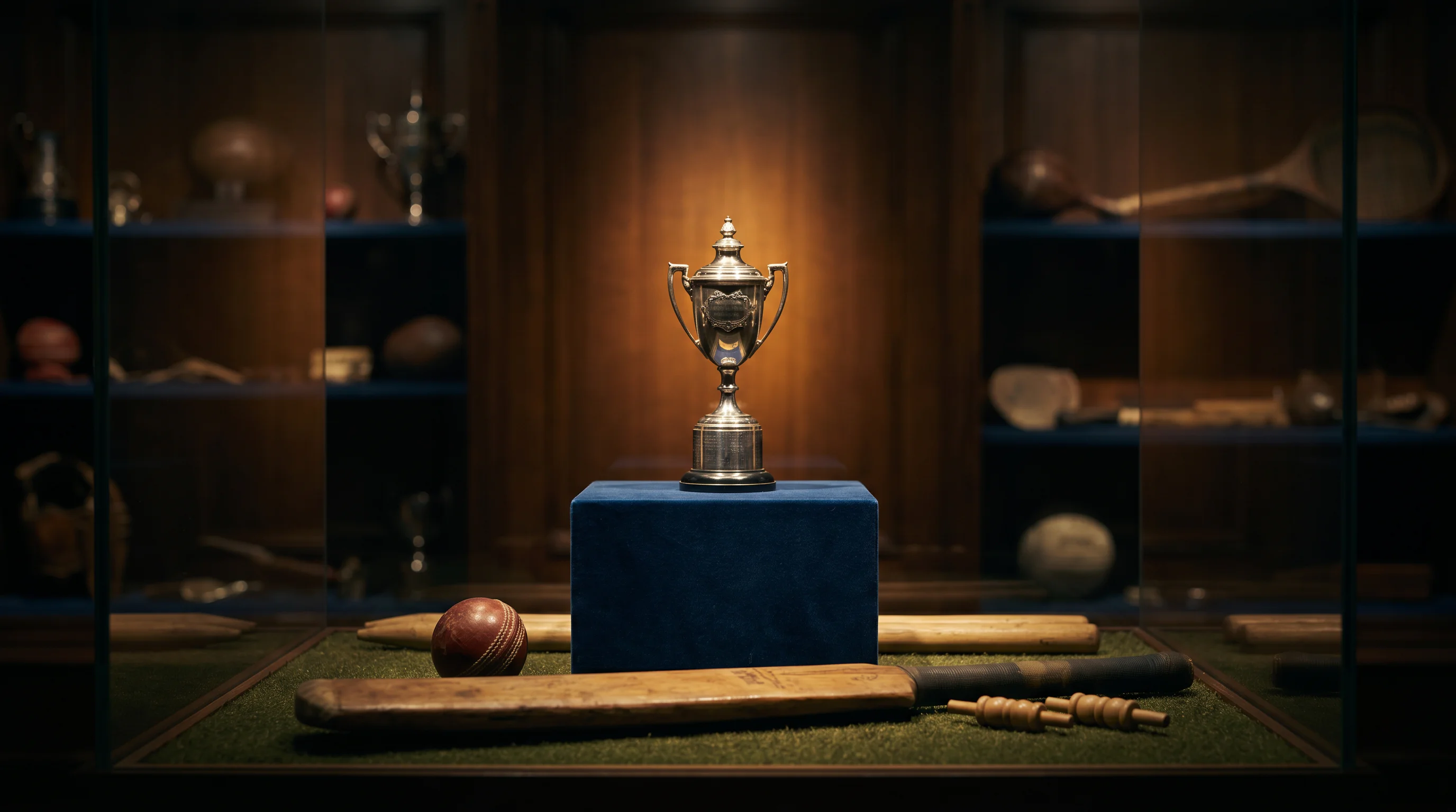 The Ashes contest evoked by a small urn-style trophy on display