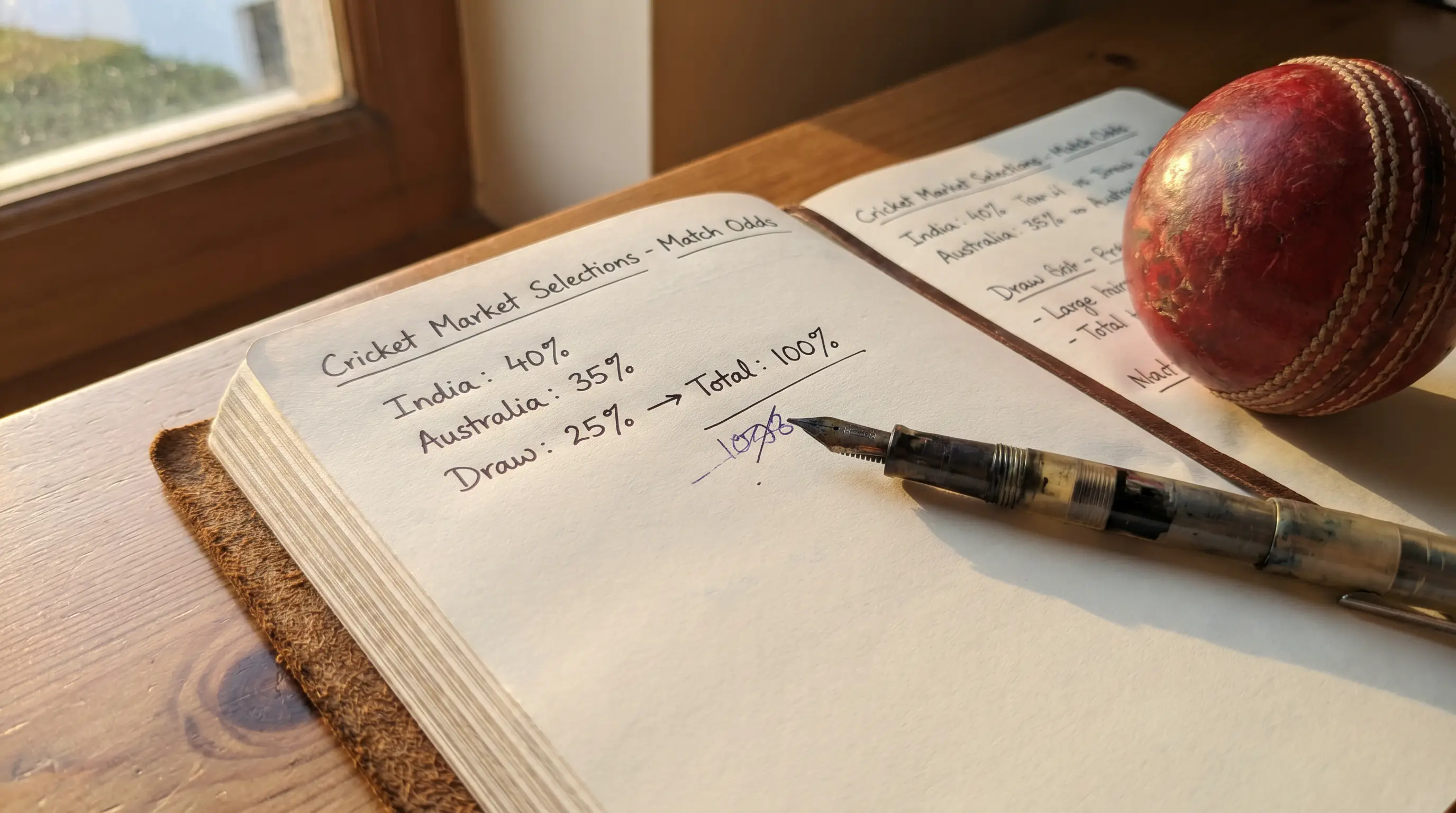 Notebook showing the implied percentages of a cricket market summed by hand