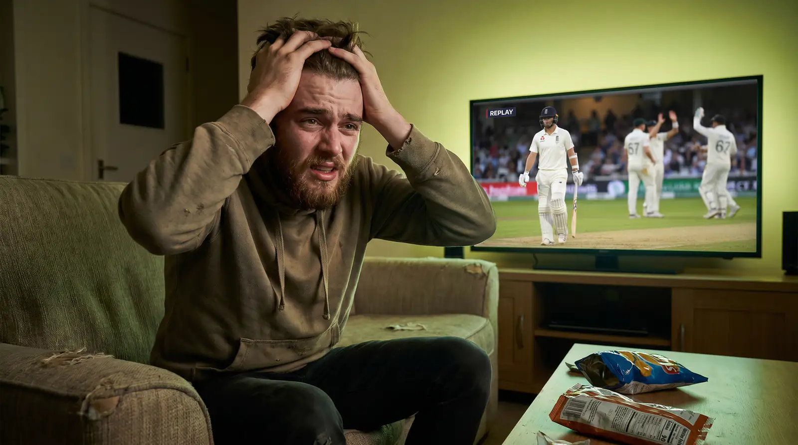 Frustrated beginner watching a heavily backed cricket favourite collapse on screen