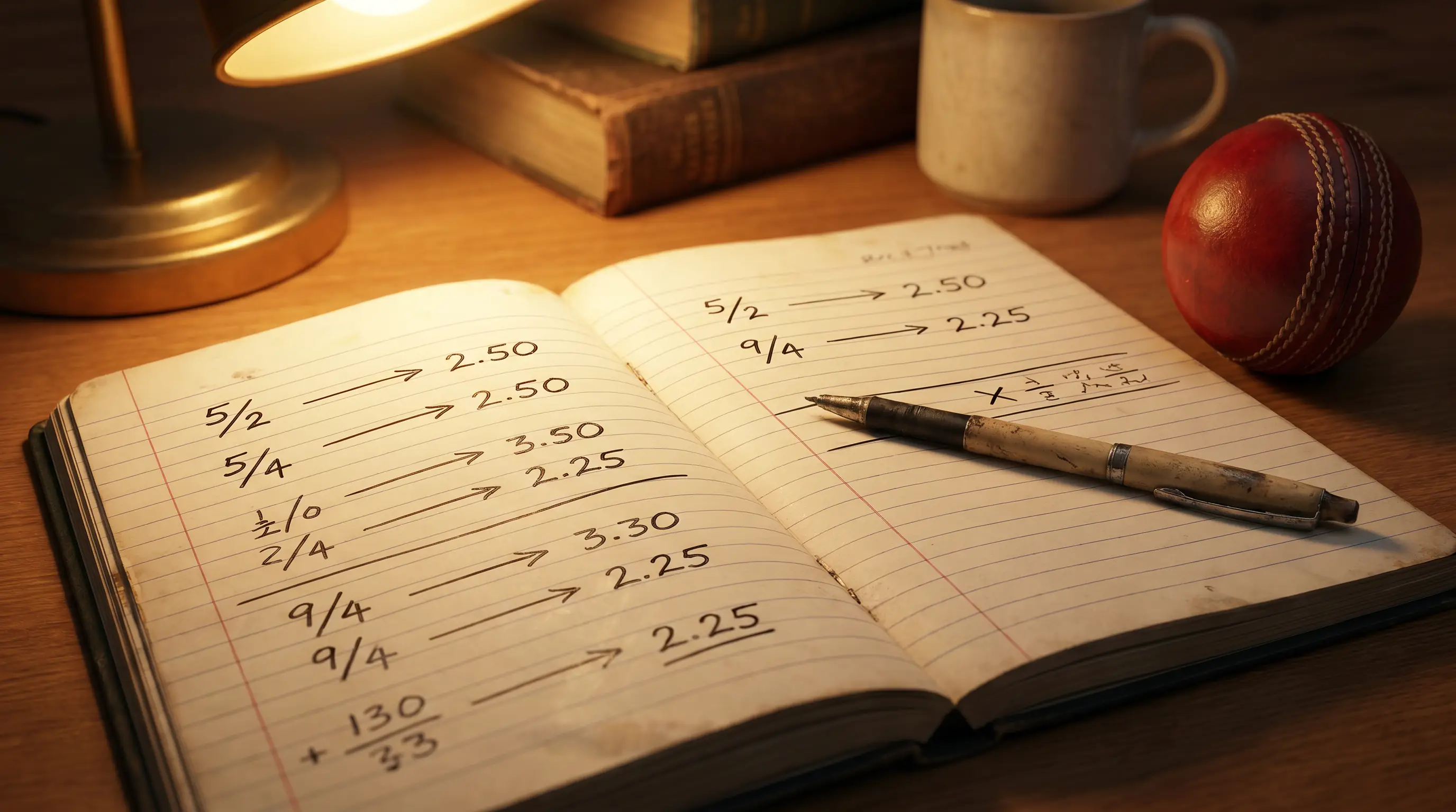 Notebook with handwritten conversion of fractional cricket odds to decimal