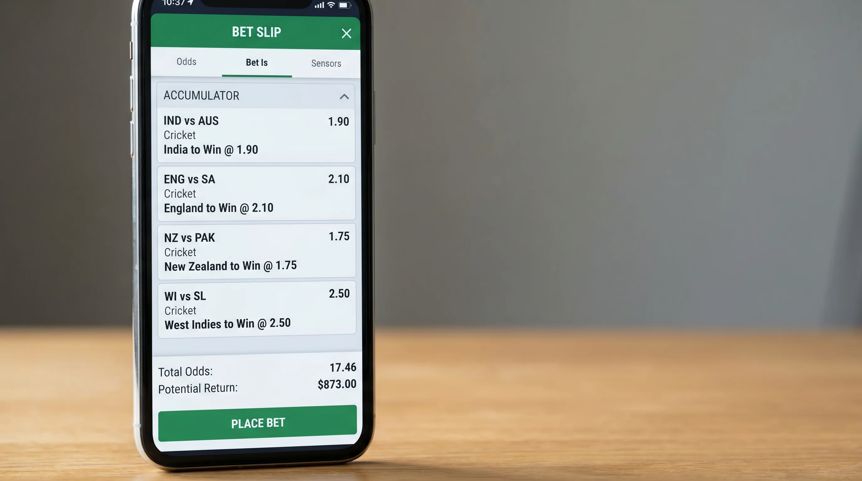 Phone showing several cricket selections combined into an acca
