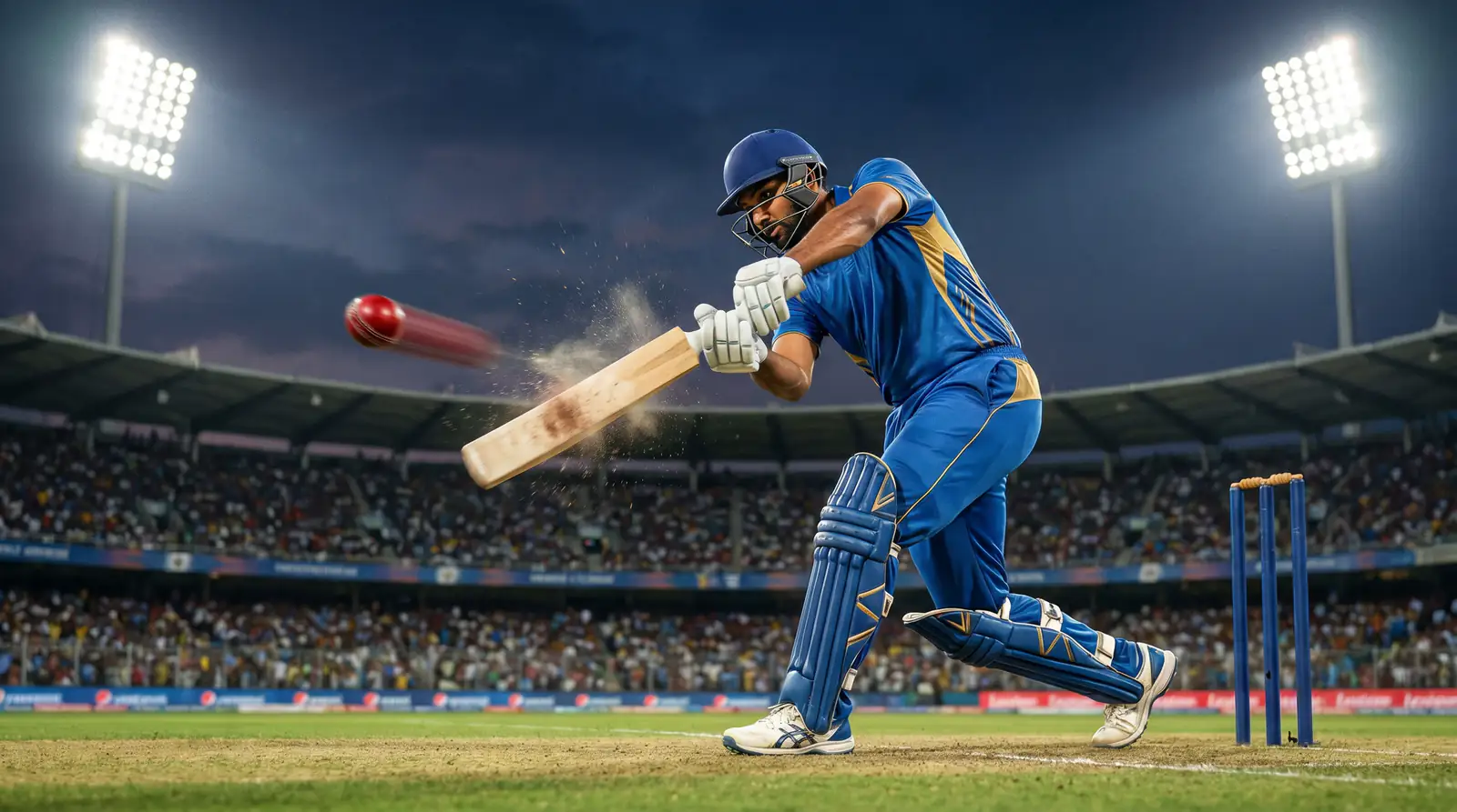 Middle-order cricket batsman pulling the ball powerfully
