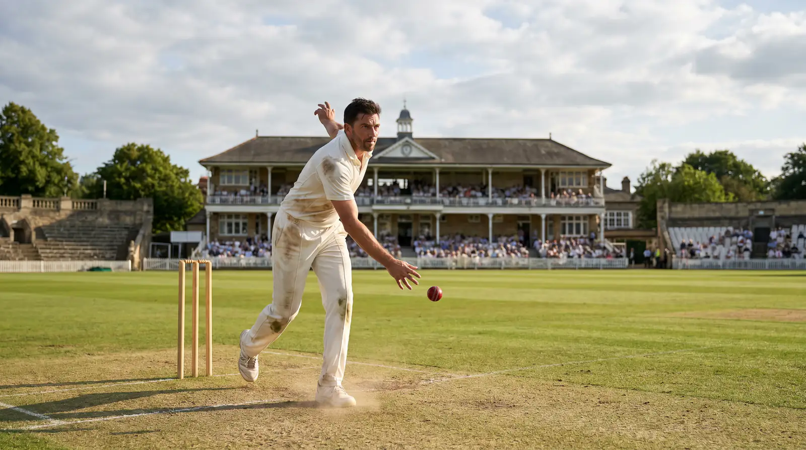 Cricket all-rounder delivering the ball in his bowling action