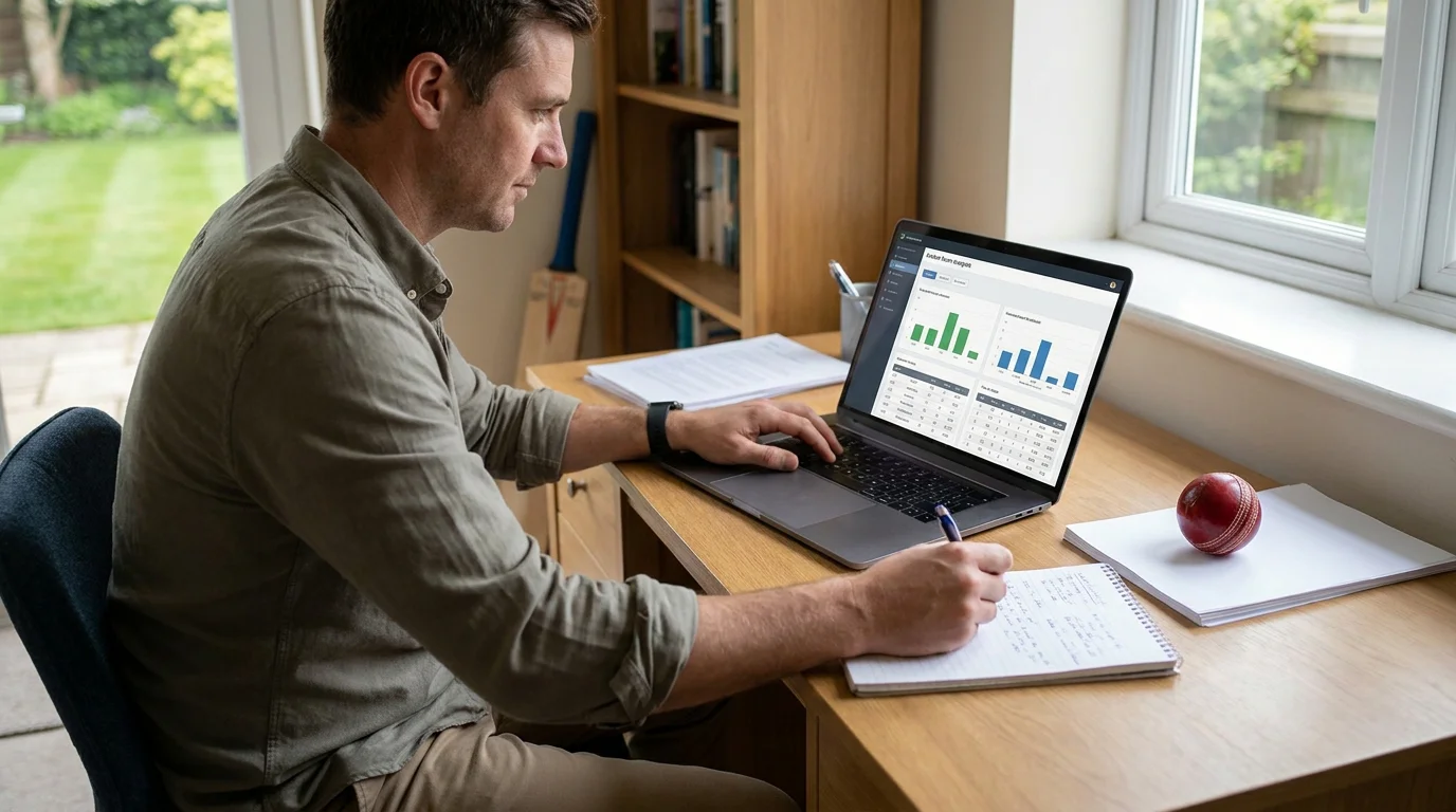 Analyst studying cricket team and player form on screen