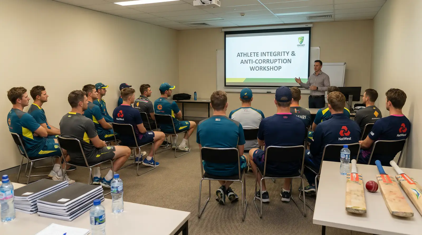Cricket players in an anti-corruption education briefing