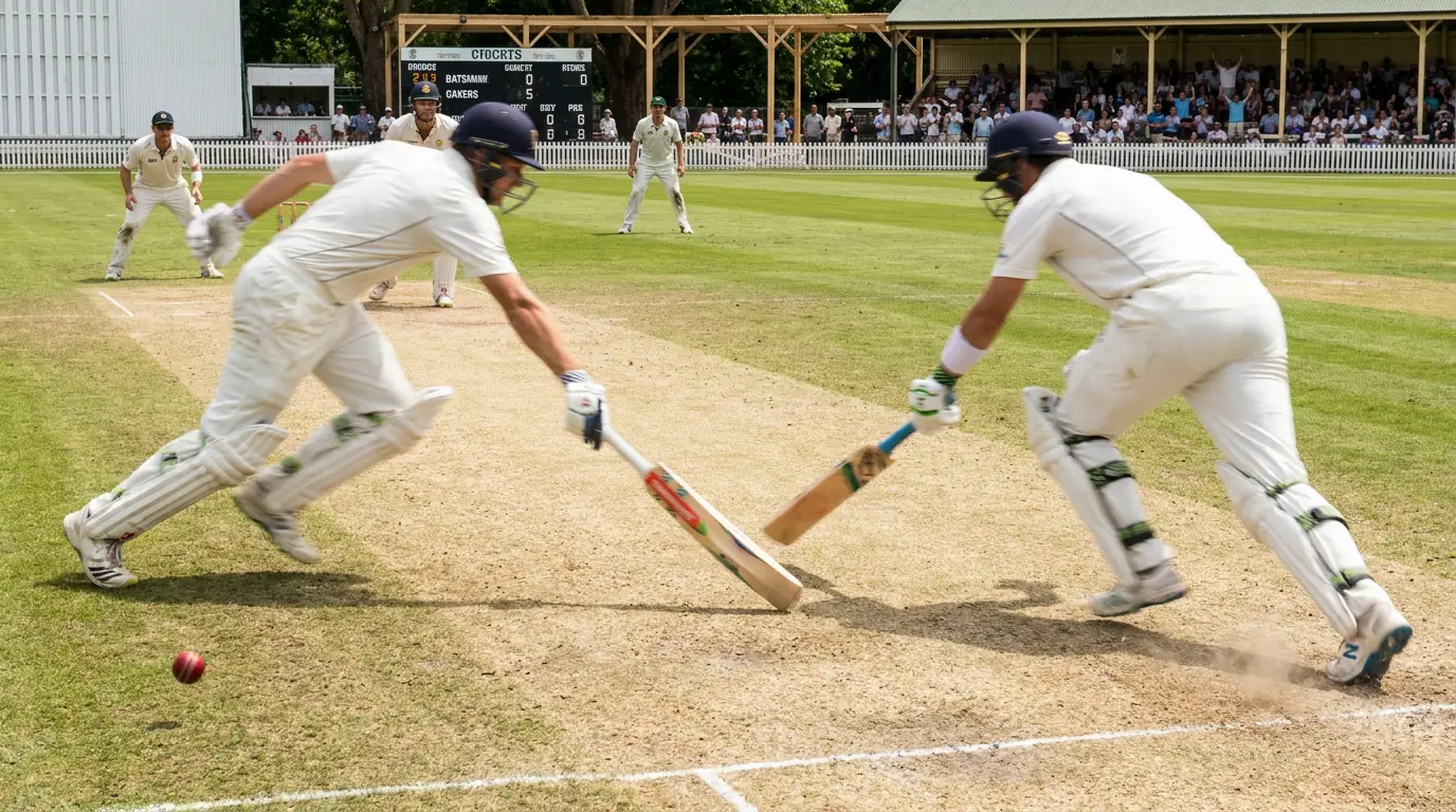 Two cricket batsmen sprinting between the wickets for a run