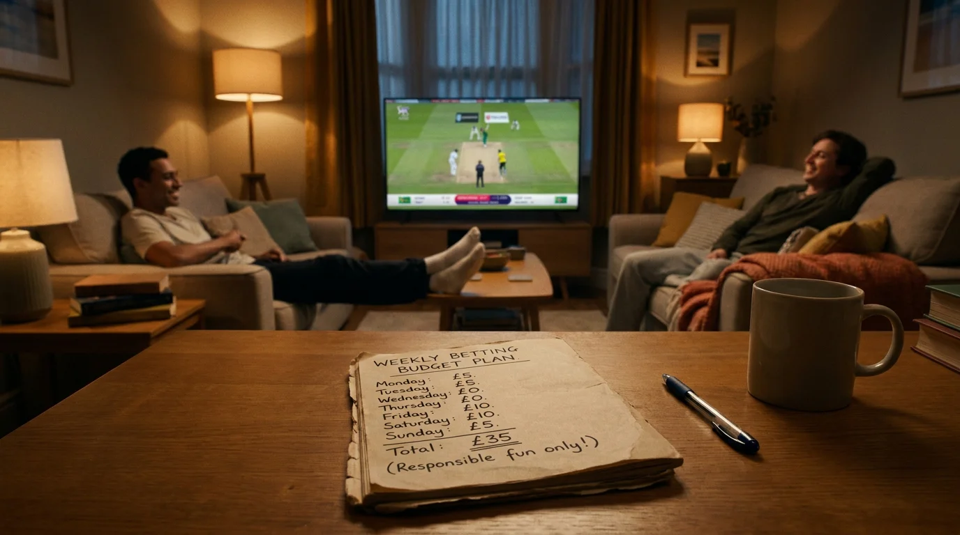 Notebook with a planned betting budget beside a calm punter watching cricket on television