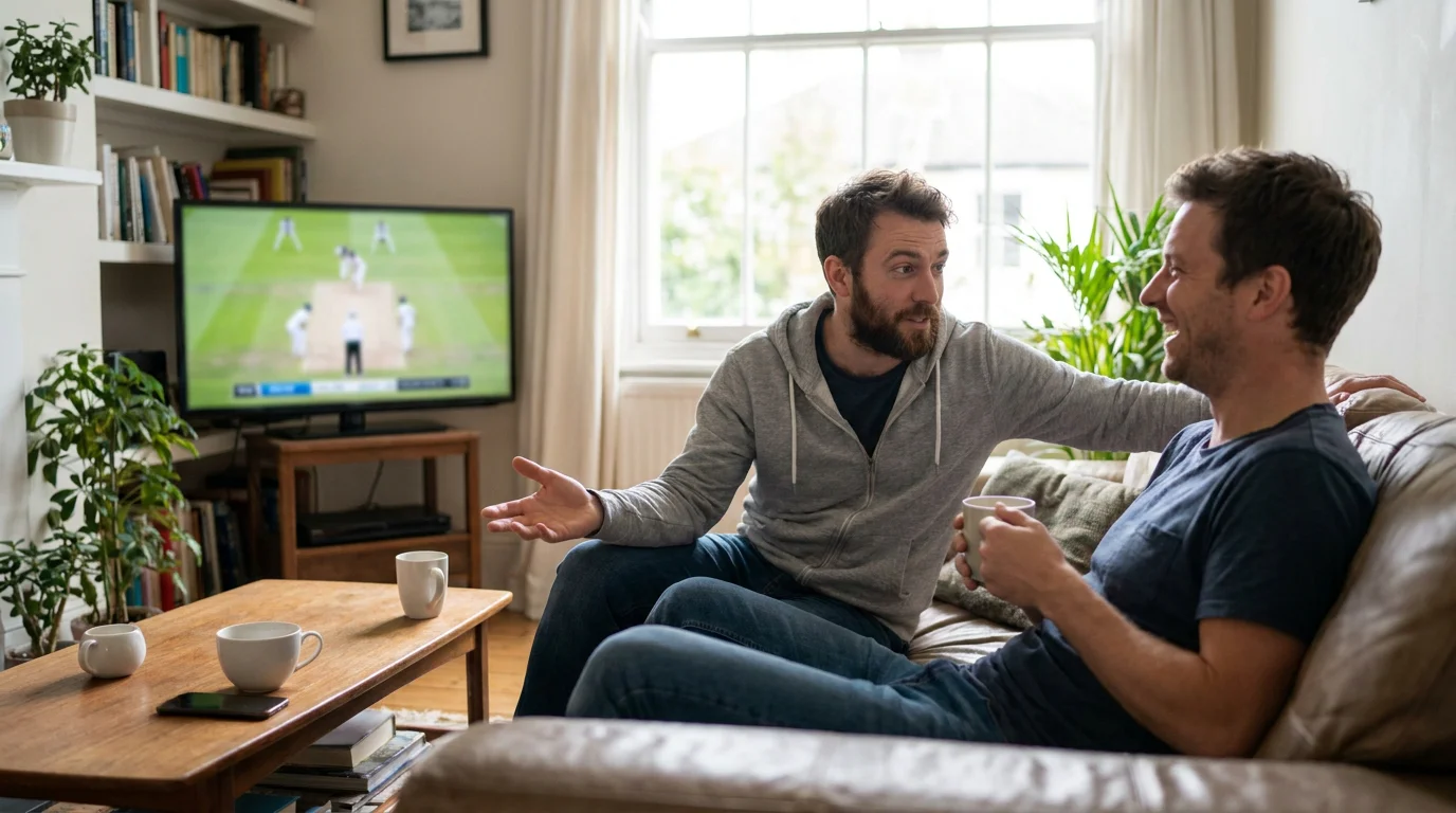 Two cricket fans discussing betting questions together while watching a match