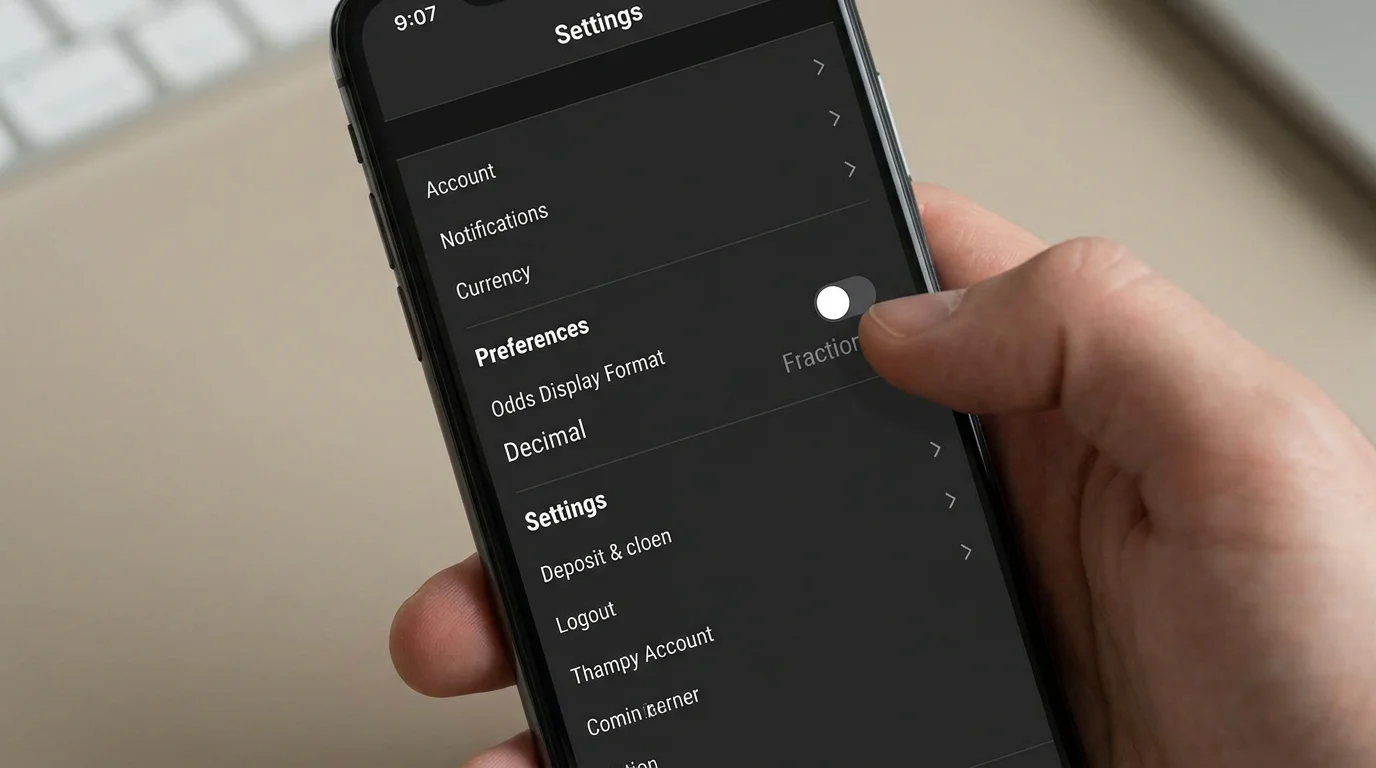 Mobile betting app settings screen with an odds format toggle