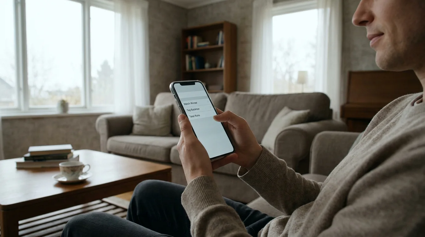 A person browsing a list of cricket betting markets on a smartphone in a relaxed setting