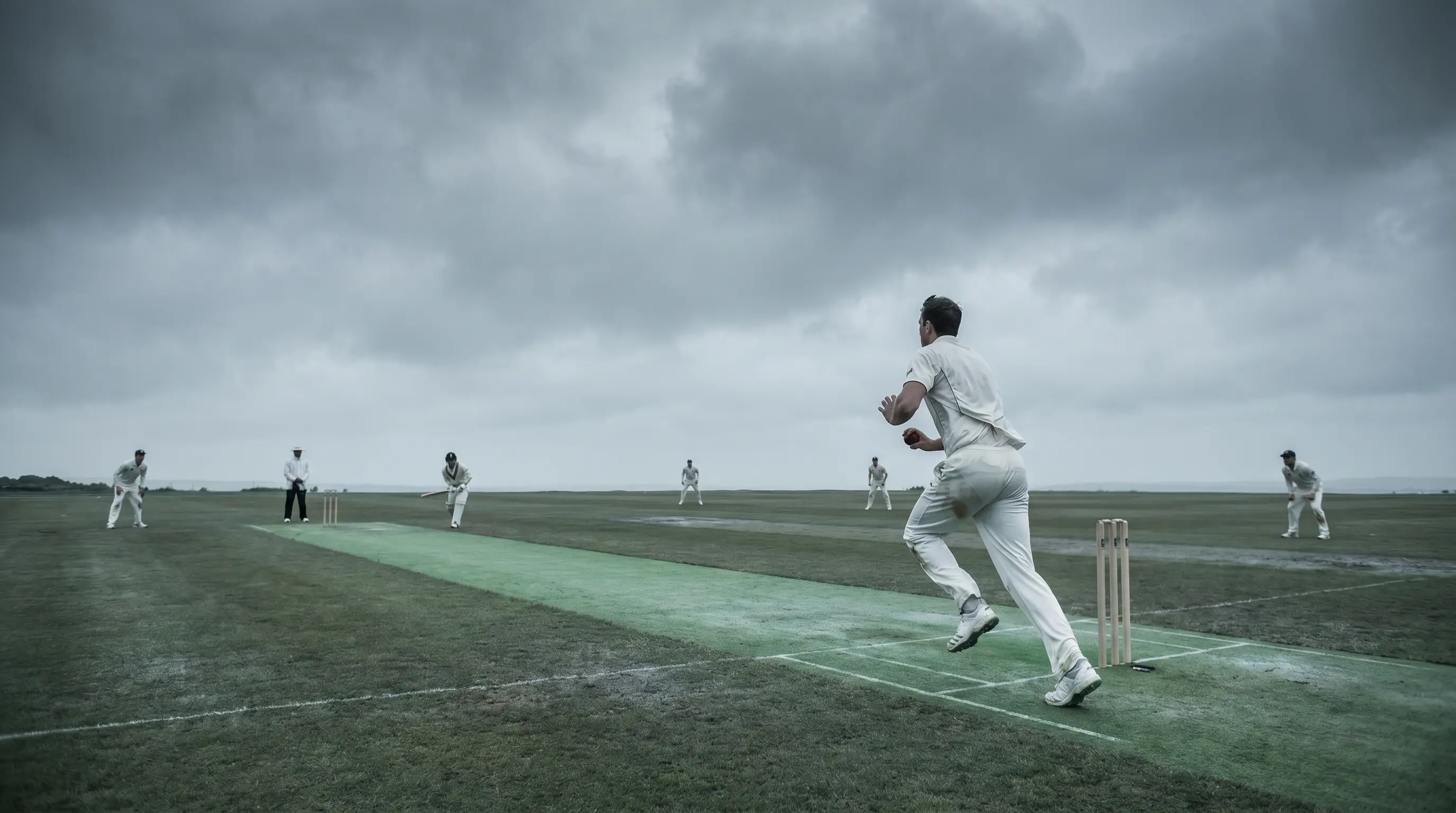 Cricket bowler running in under grey skies on a green pitch