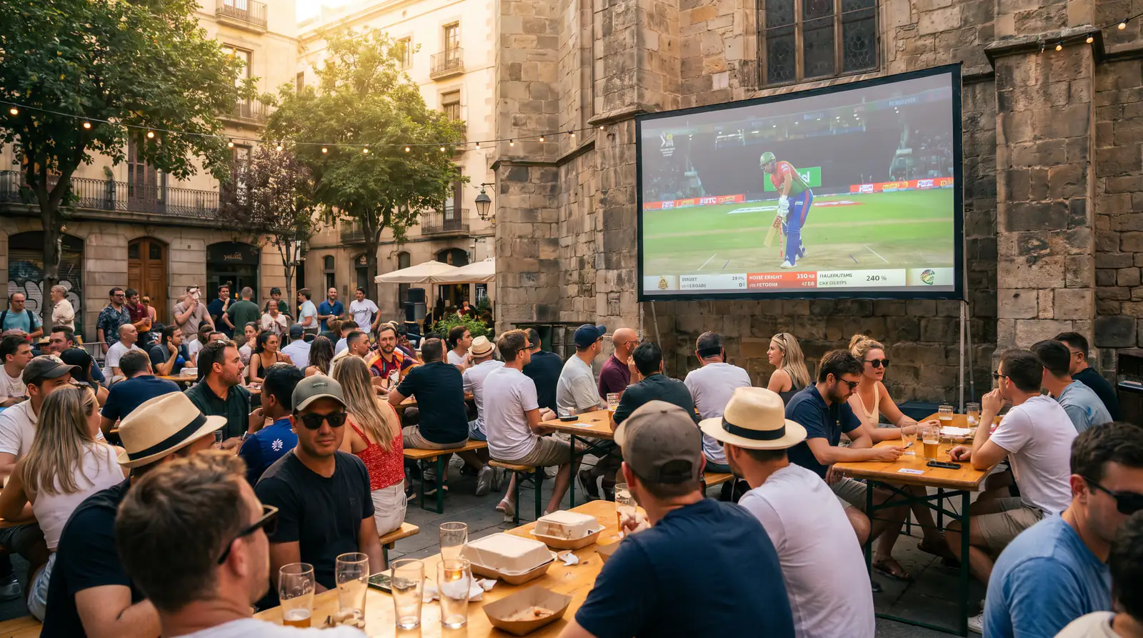People watching a cricket broadcast on a large screen abroad