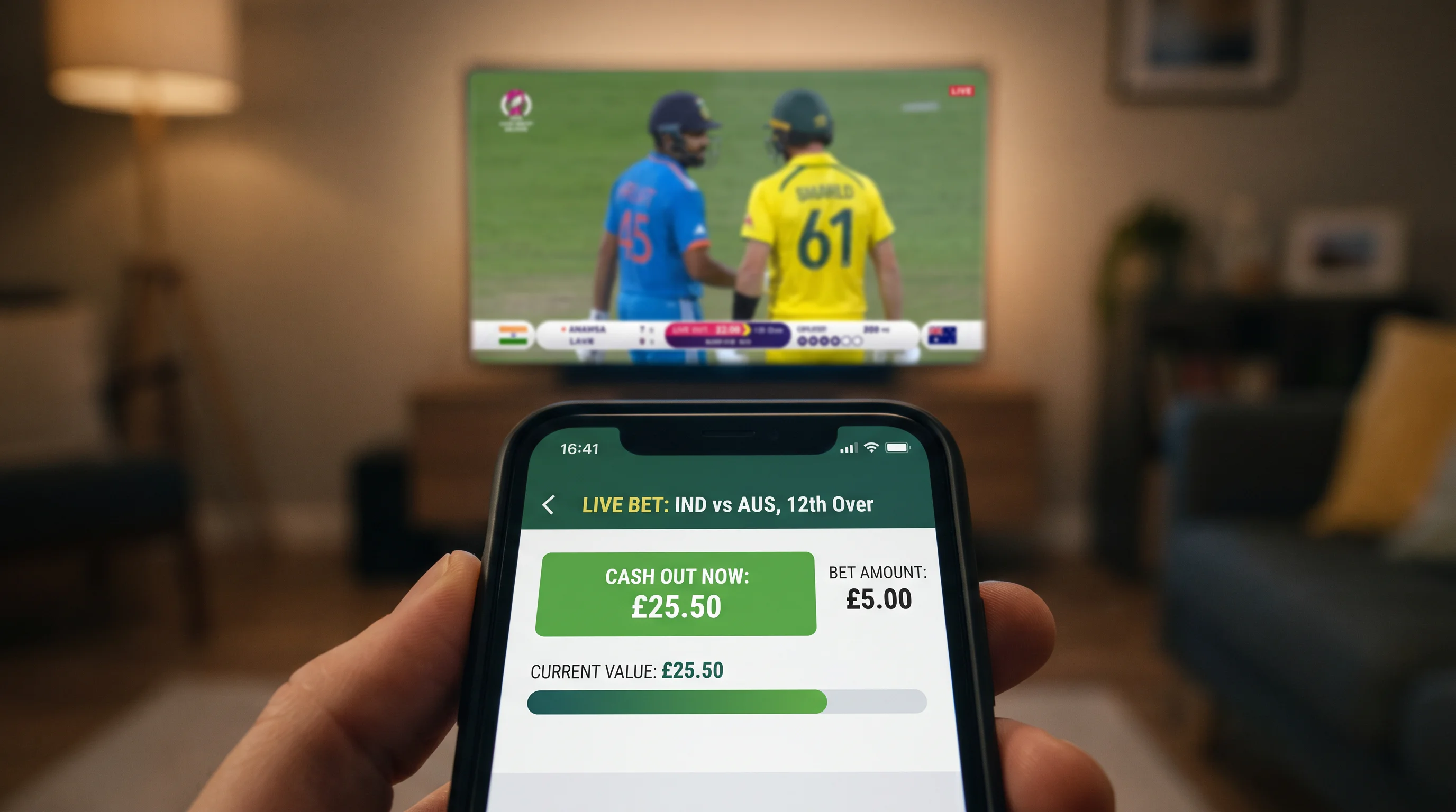 Cash out option highlighted on a live cricket bet during a one-day international