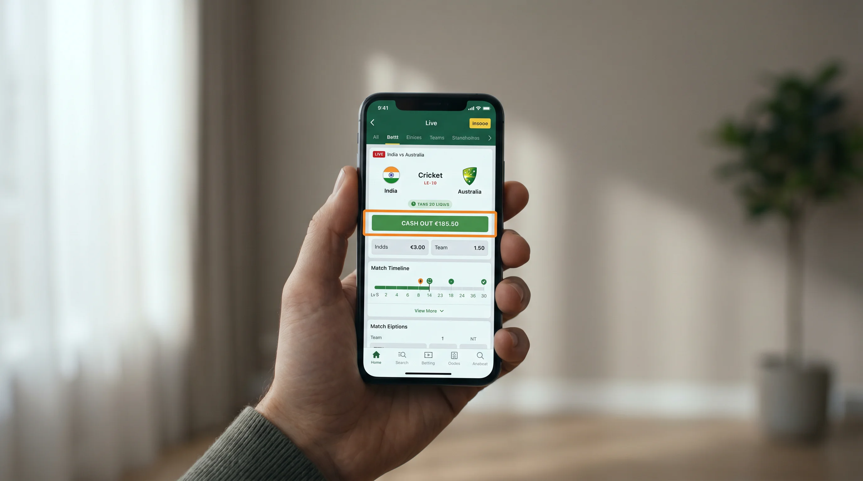 Phone showing a live cash-out option on a cricket series bet