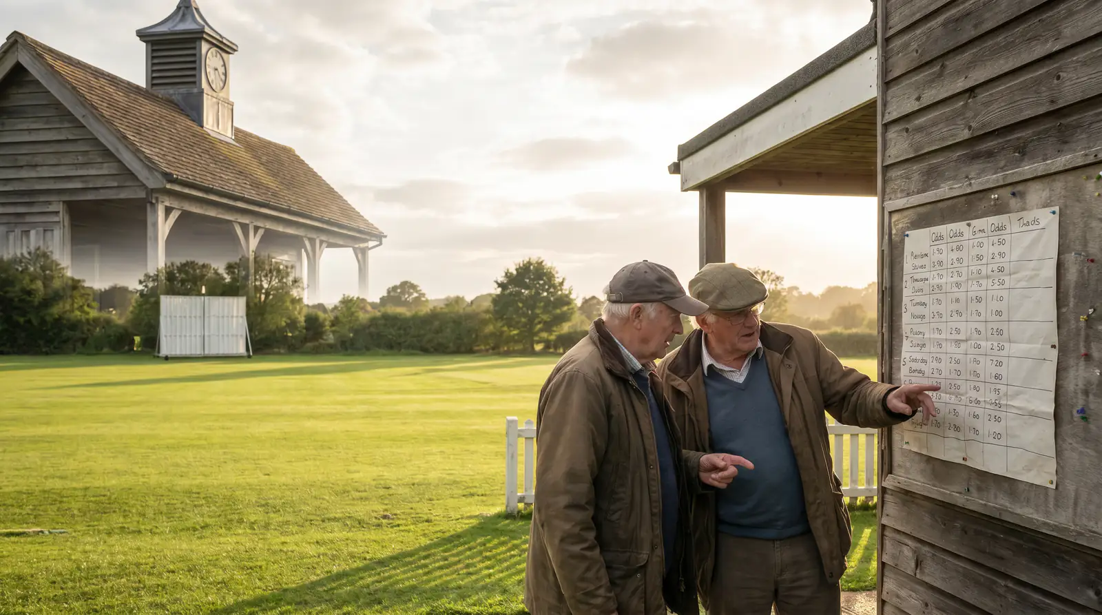 Cricket club members discussing betting odds outside a pavilion