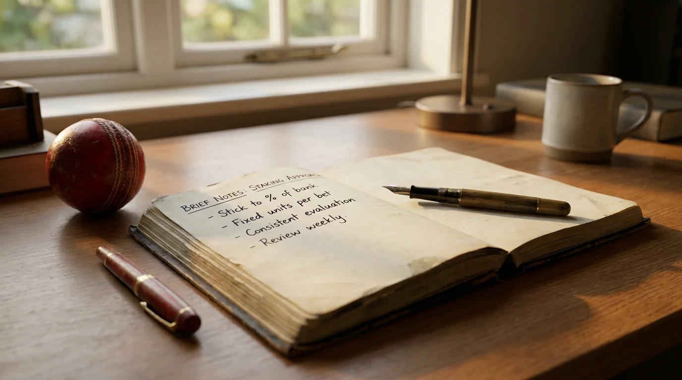 Notebook setting out a disciplined cricket staking plan
