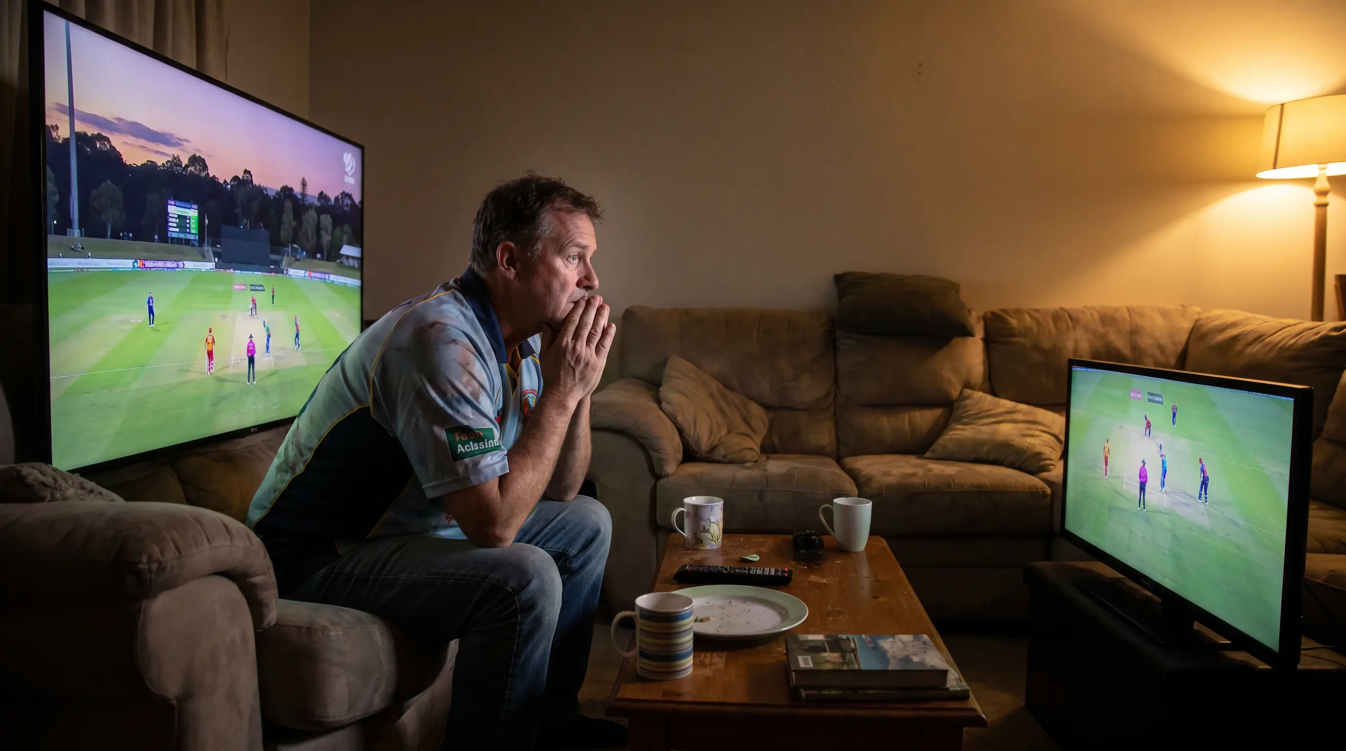 Cricket fan tensely watching the final leg of an acca play out