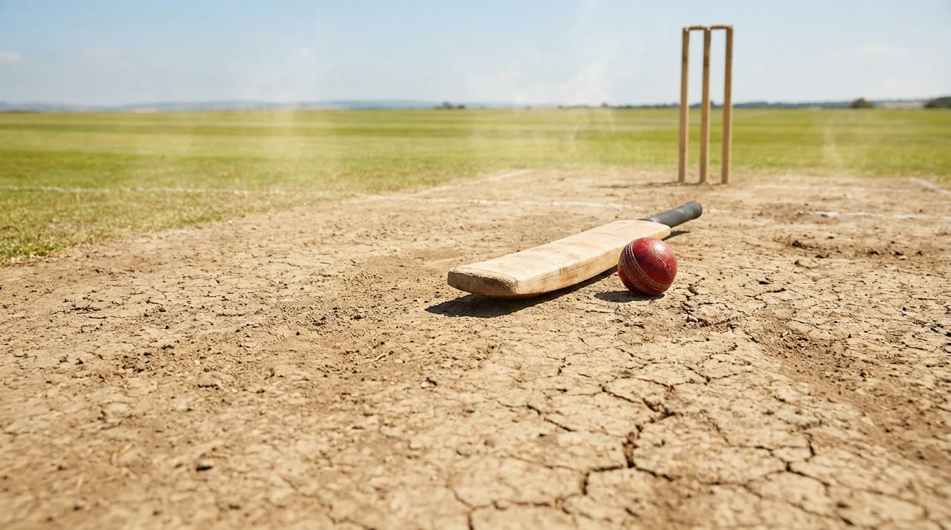 Flat dry cricket pitch under bright sun favouring high scoring