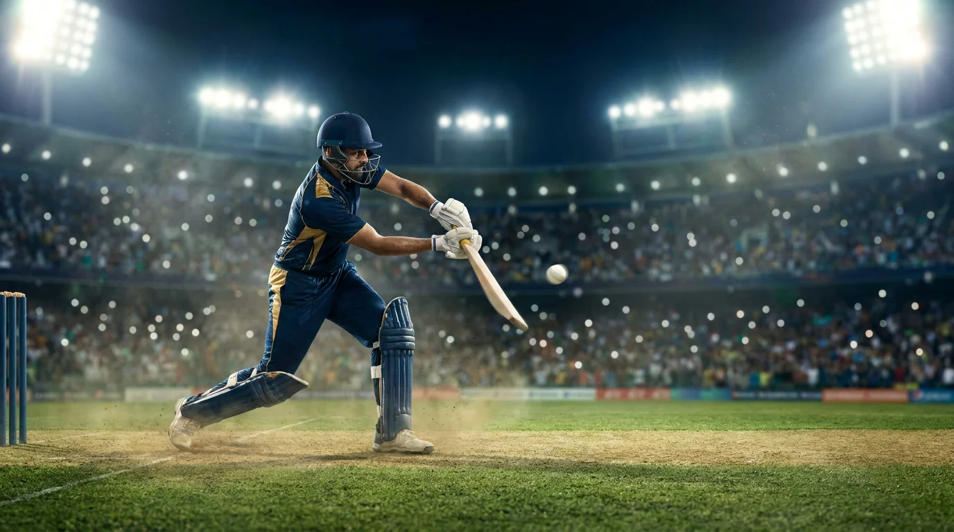 Floodlit Twenty20 cricket match with a batsman playing an attacking shot under stadium lights