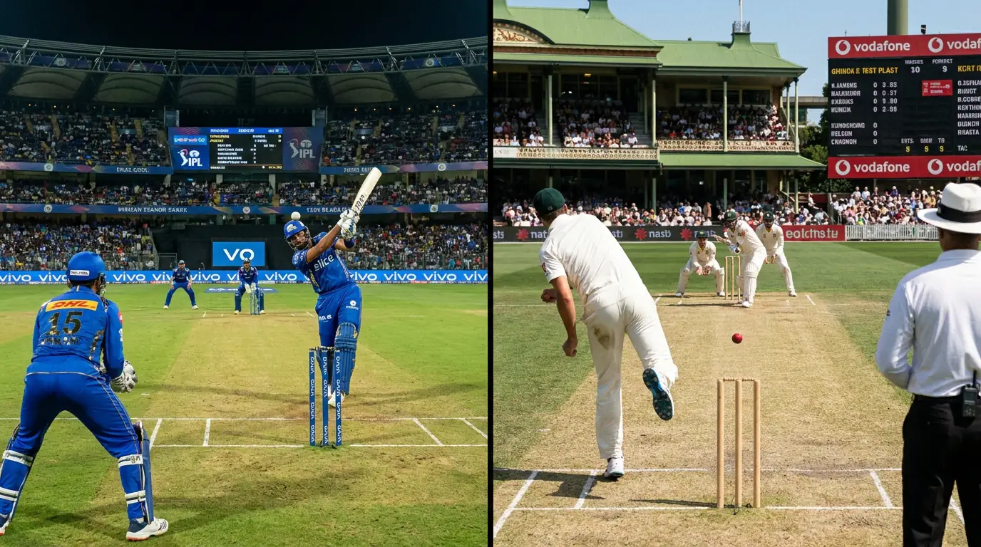 Floodlit T20 match beside a daytime Test to show different cricket formats