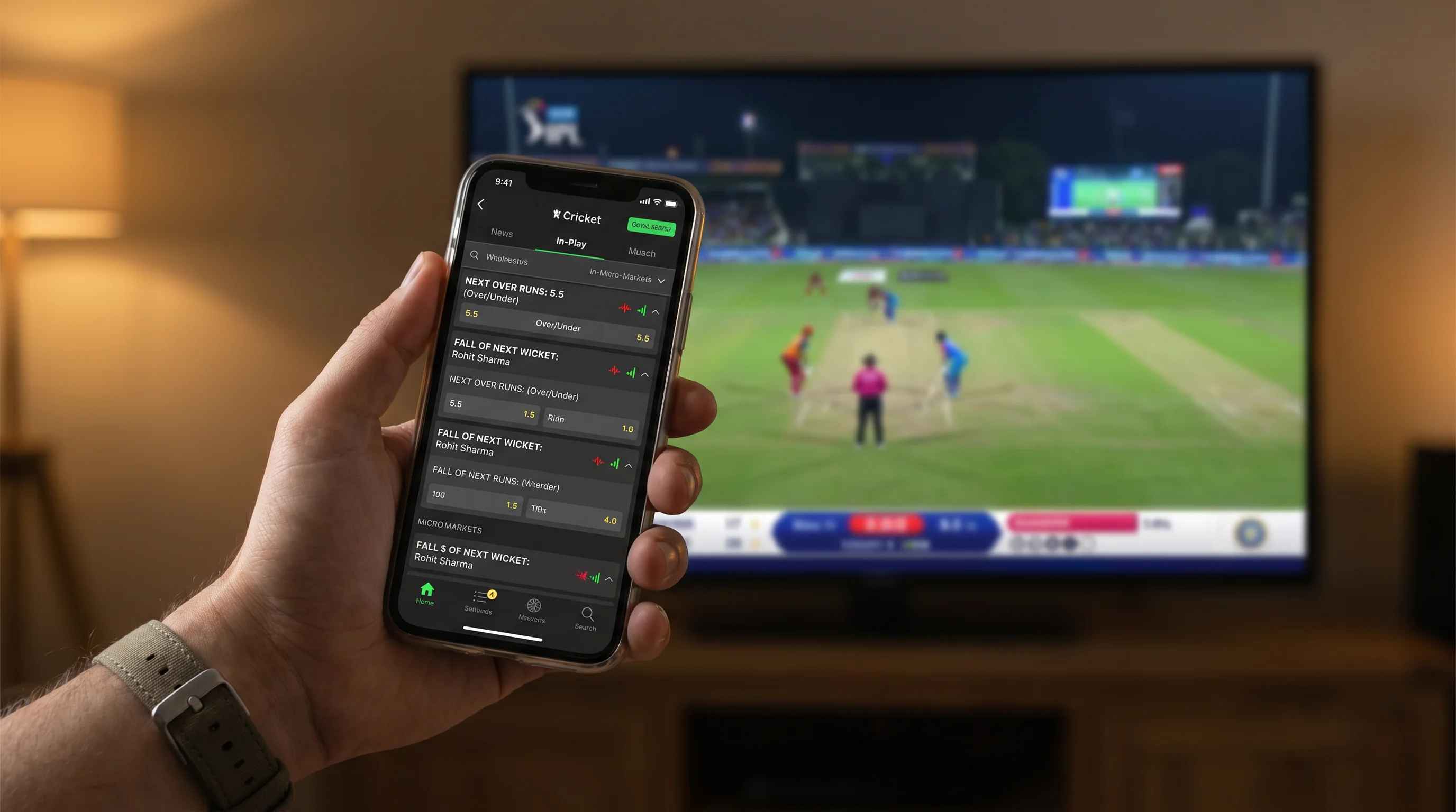 Live cricket micro-markets refreshing ball by ball on a mobile betting screen