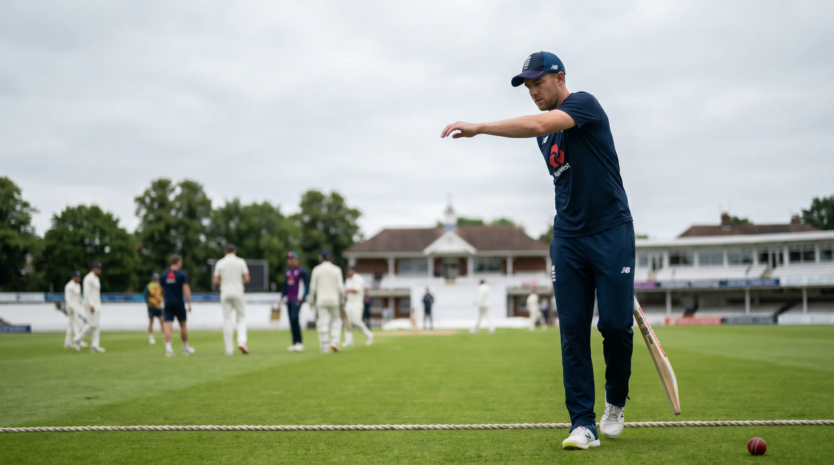 Cricket player warming up on the boundary before selection