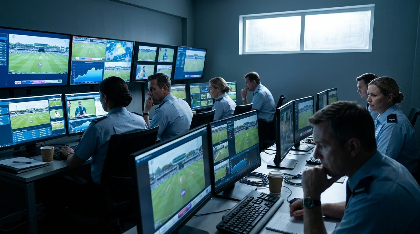 Match officials monitoring play from a cricket control room
