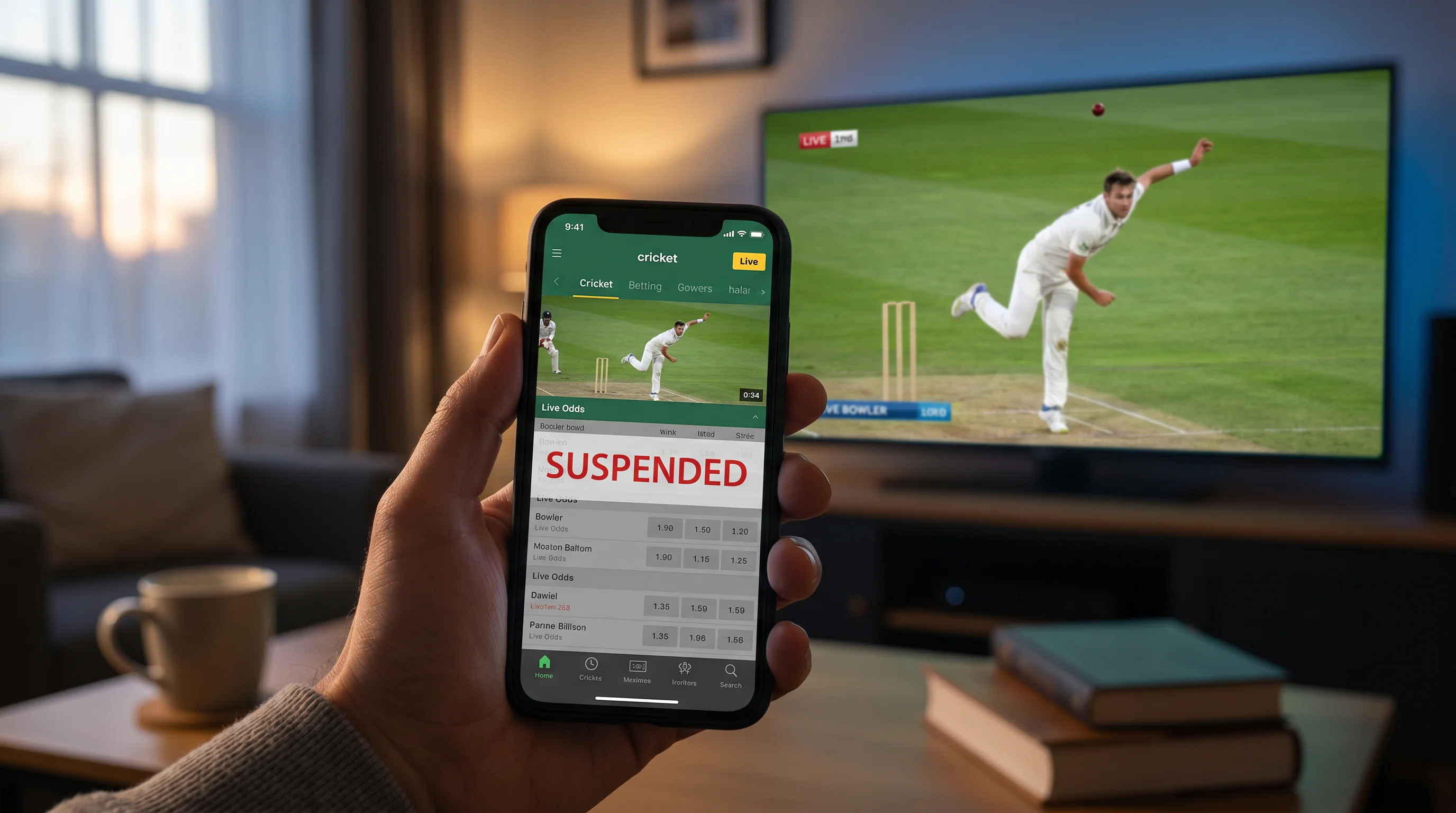 Greyed-out suspended live cricket odds on screen as a bowler delivers the ball