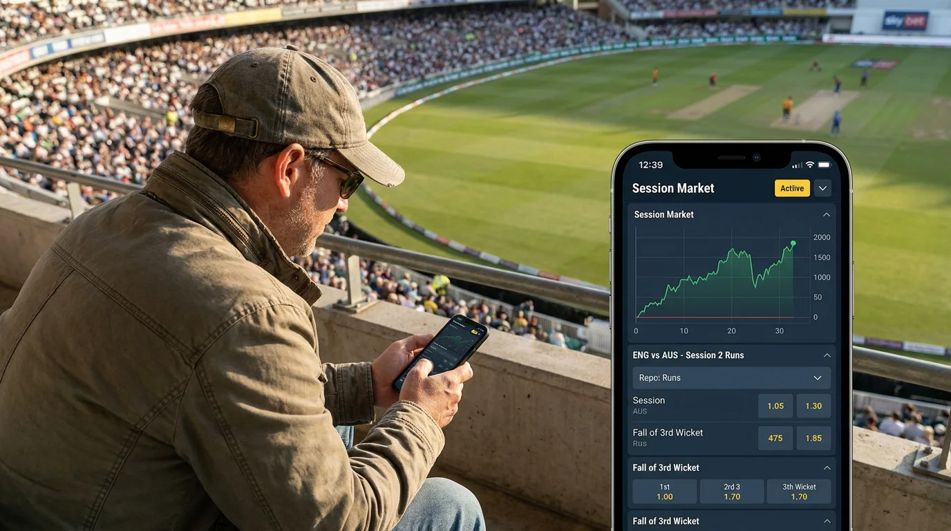 Spectator following a cricket session in running on a phone