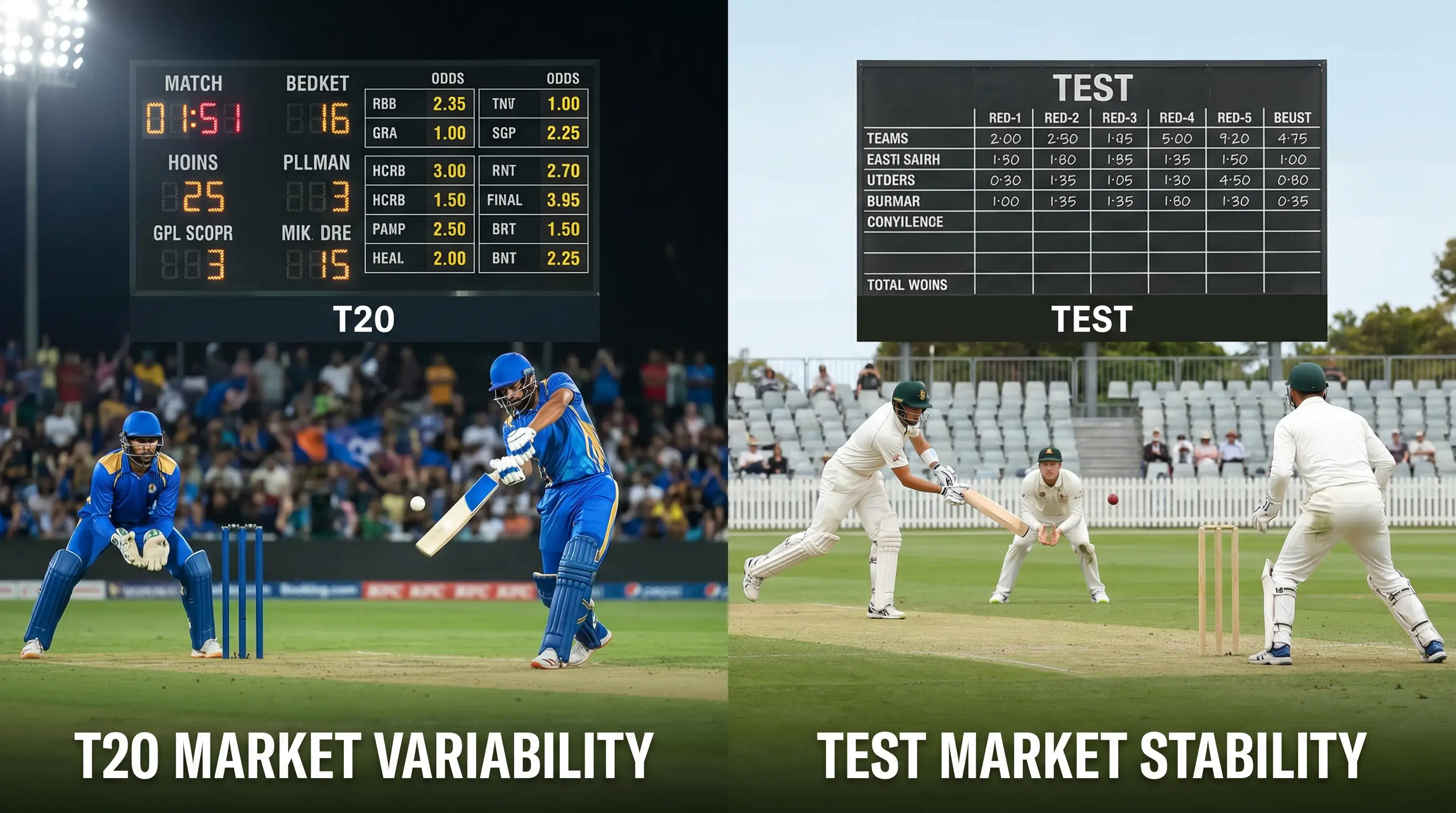 Comparison of T20 and Test cricket scenes showing how betting markets change by format