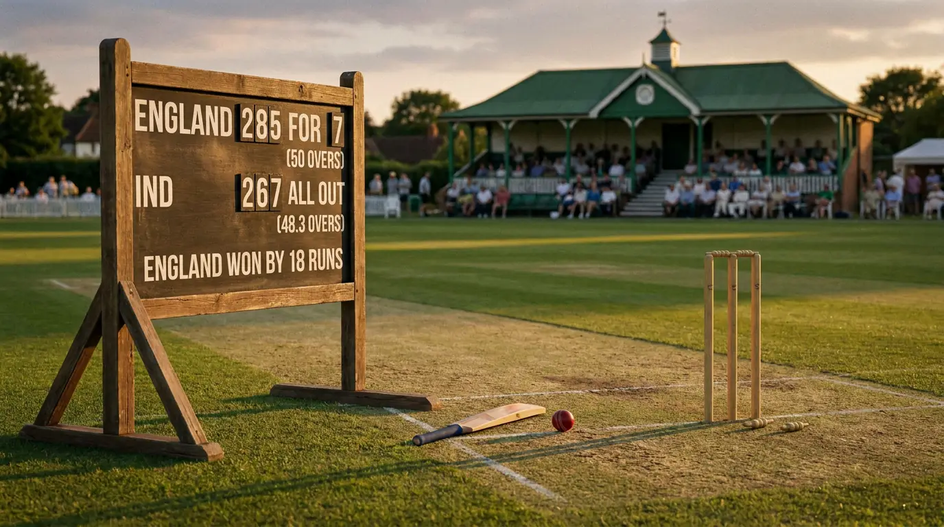 Cricket ground scoreboard showing a completed match result