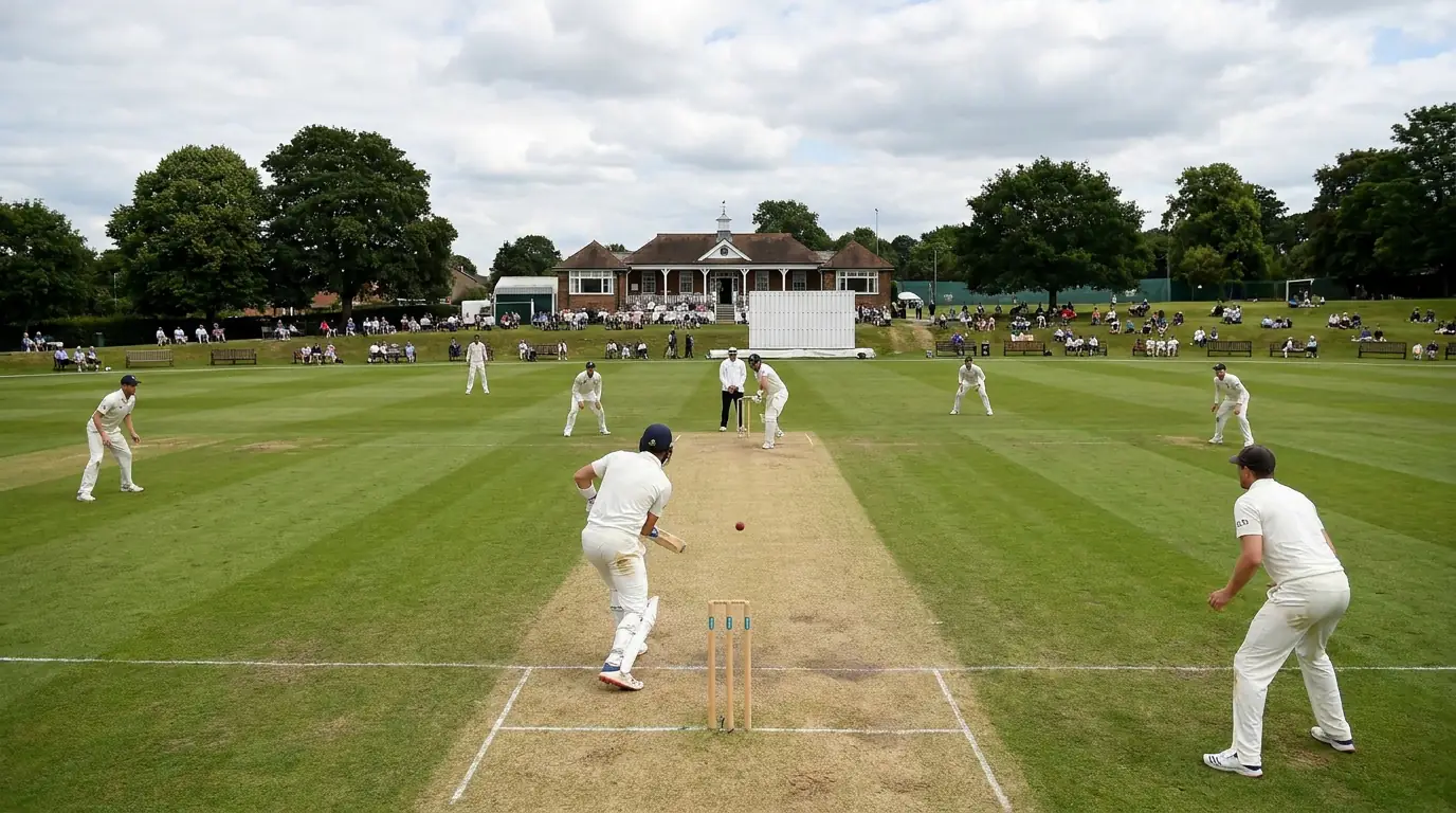 Test match in progress at an English cricket ground with players in whites on a green outfield