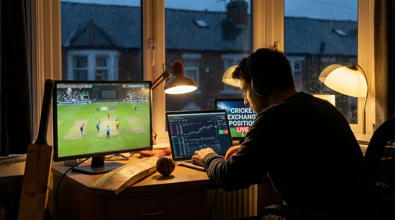 Cricket fan trading an exchange position during live play