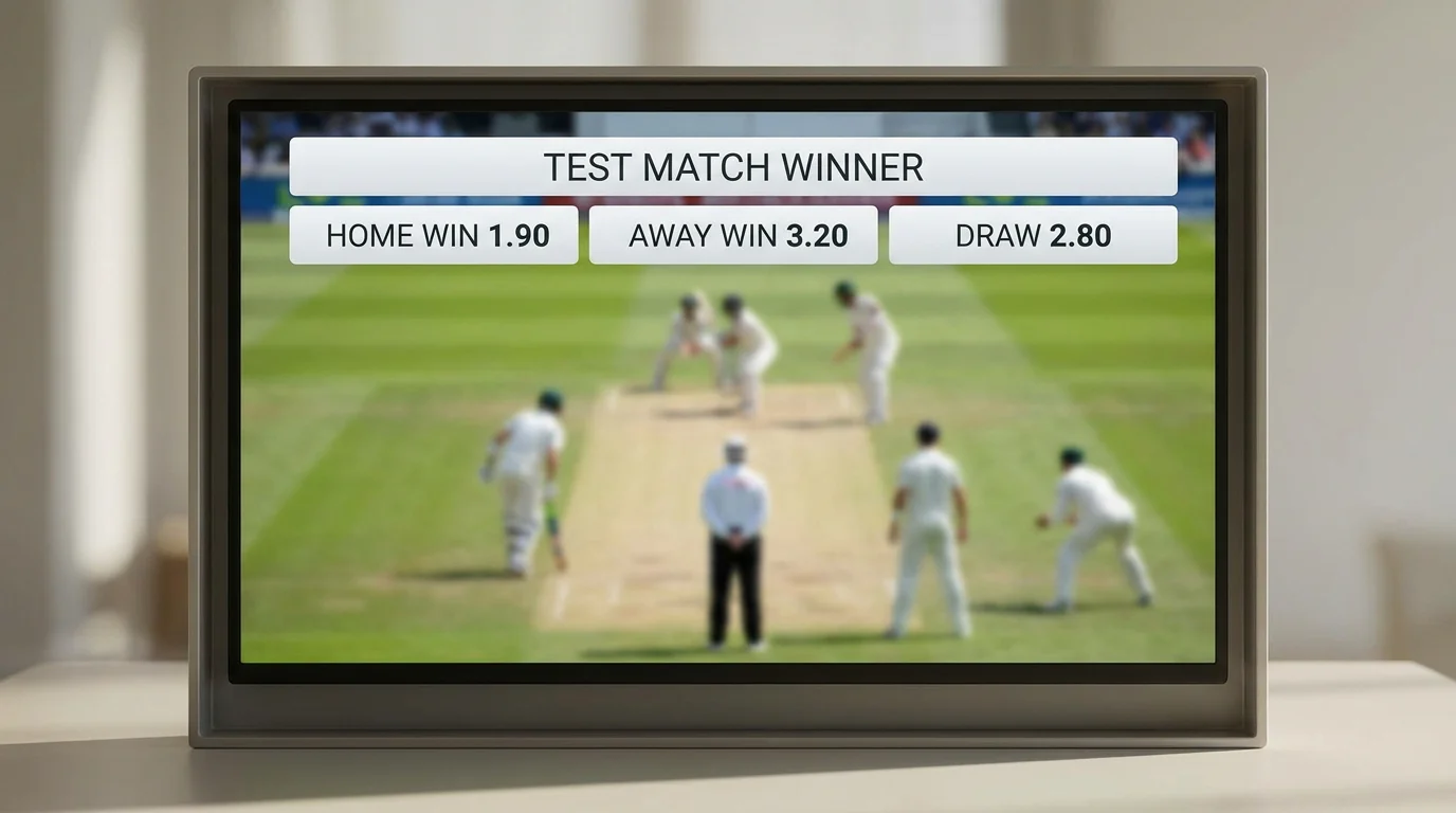 Cricket match-winner market showing prices for both sides and the draw in a Test