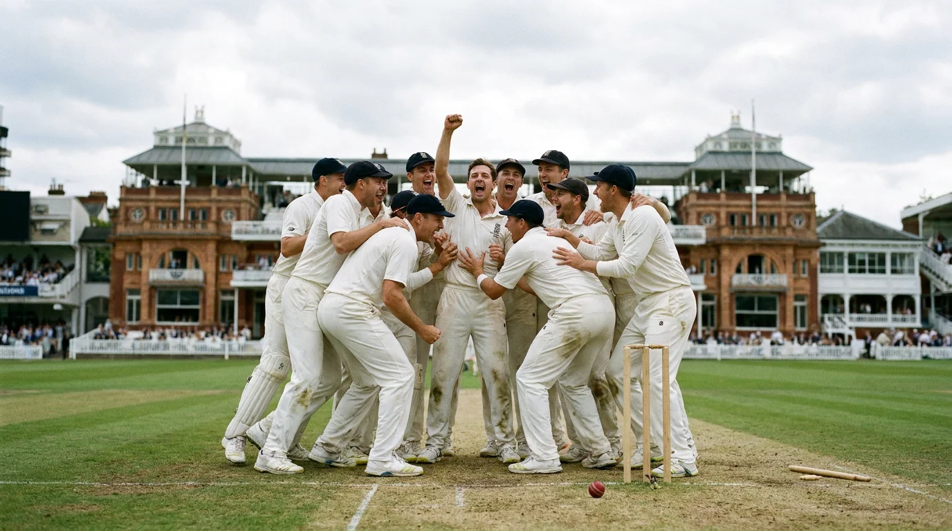 Cricket fielders celebrating a momentum-shifting wicket in a series