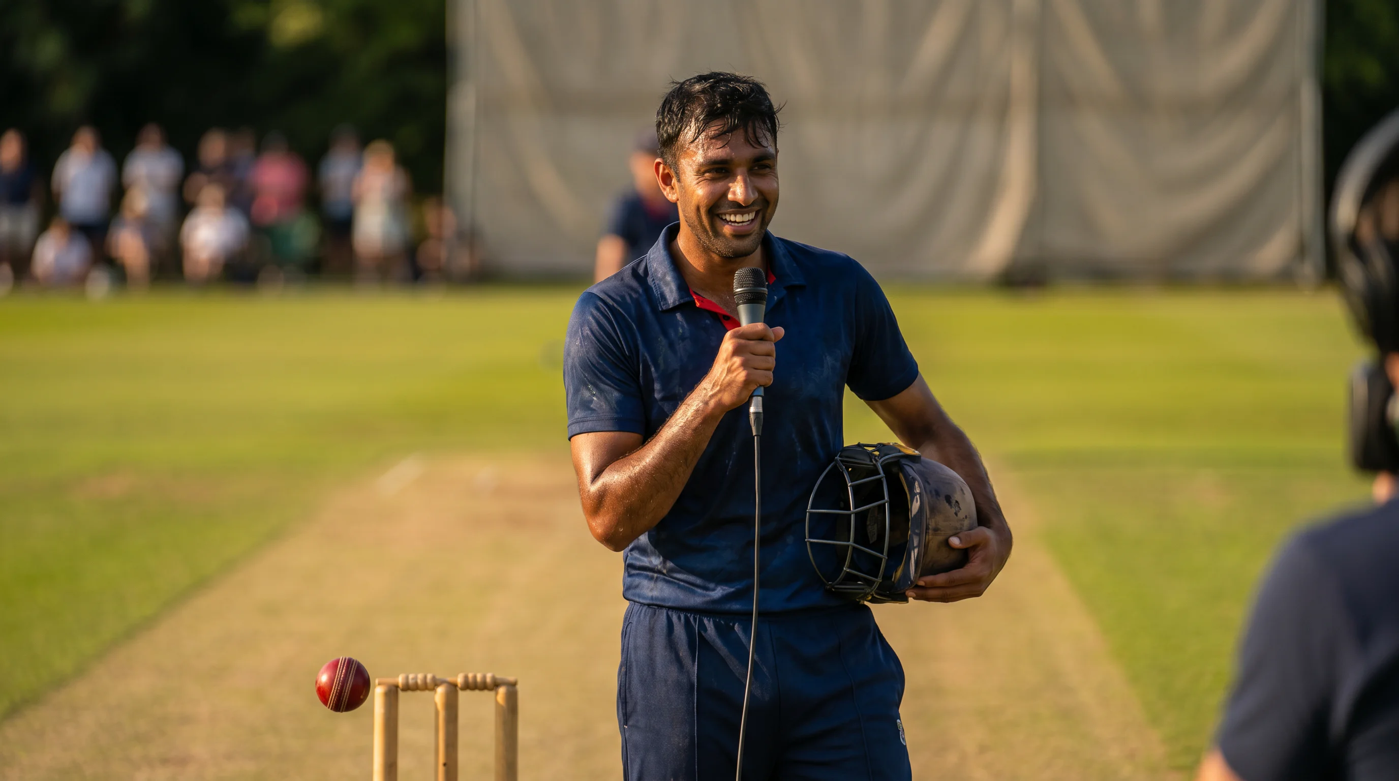 Cricket man of the match being interviewed after the game
