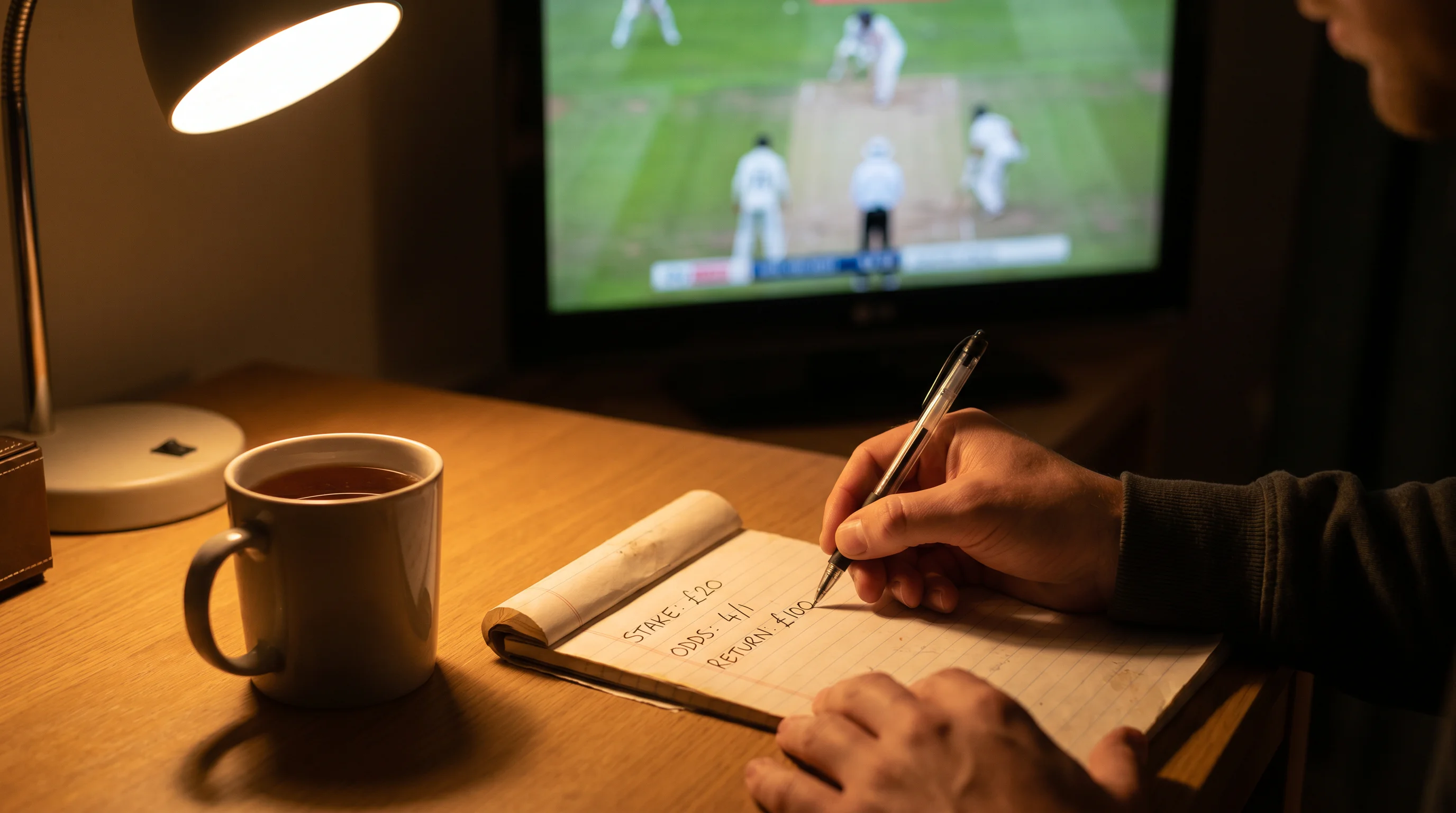 Punter working out cricket bet returns from a stake and odds on paper