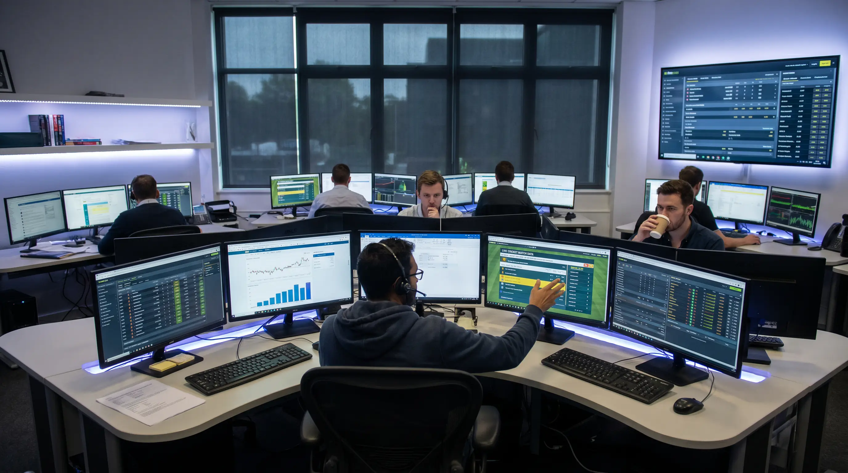 Trading room with analysts pricing a cricket match across several screens
