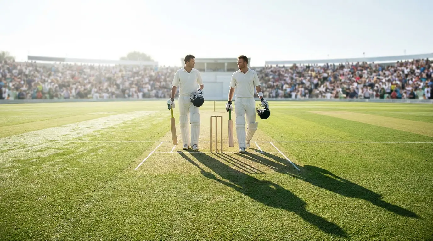 Two opening batsmen walking out to start a cricket innings