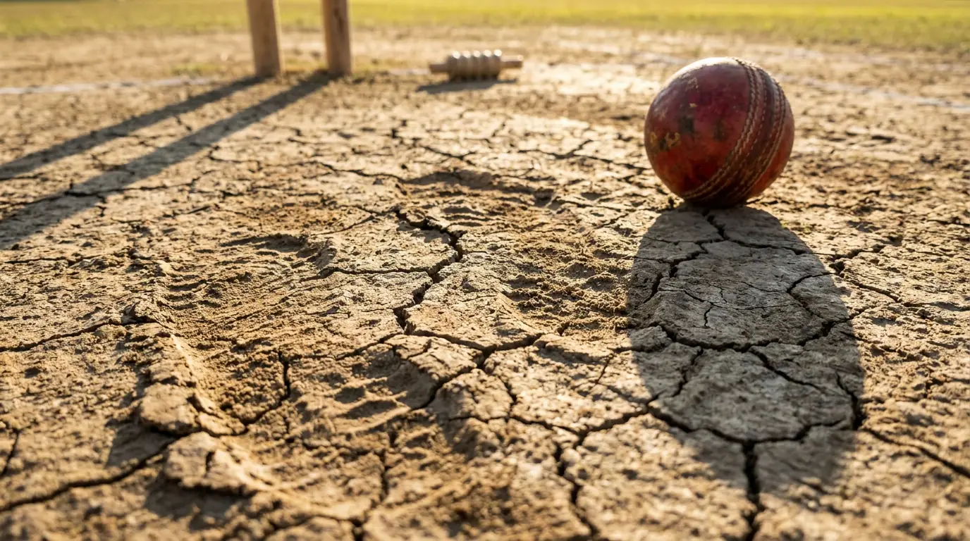 Close detail of cracks and wear on a used cricket pitch