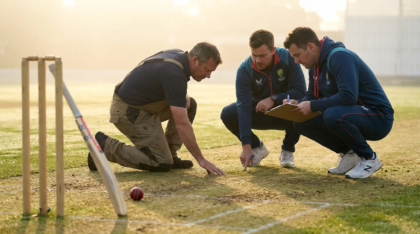Commentators and groundsman inspecting the pitch for a report