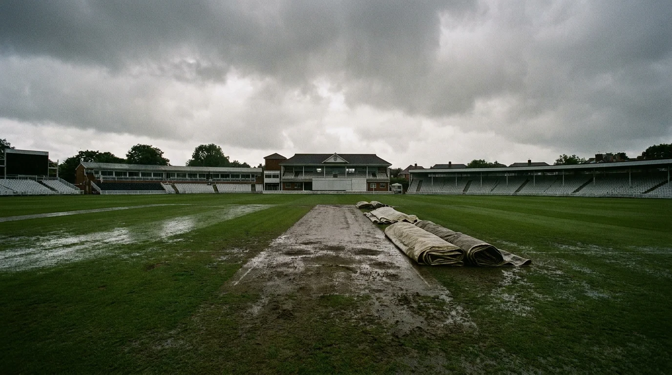 A cricket pitch and outfield under heavy grey clouds with the covers nearby