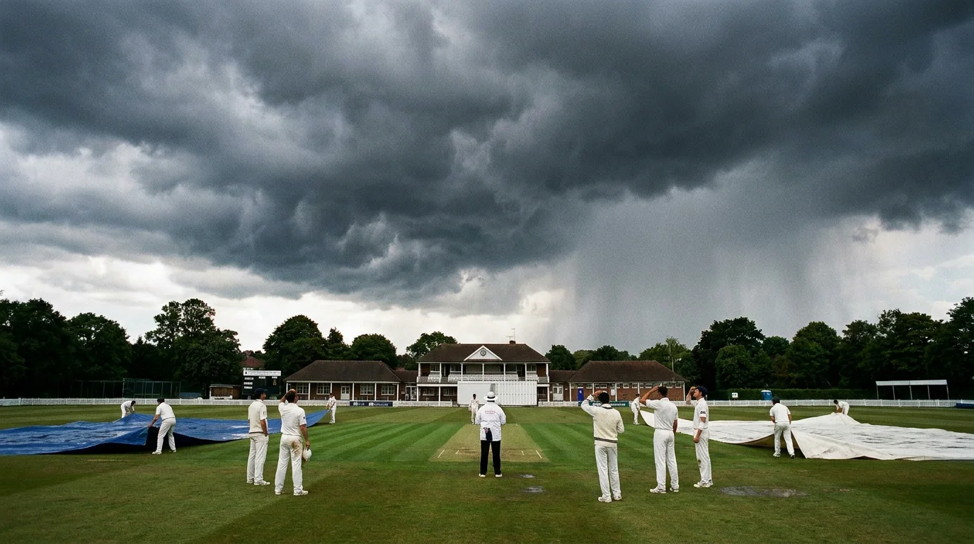 Dark rain clouds gathering over a cricket ground as players watch the sky