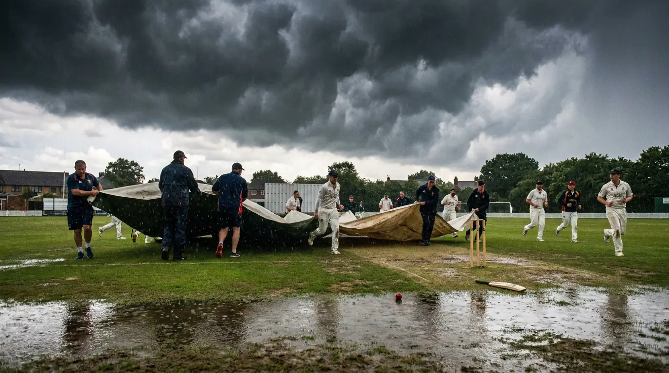 Ground staff pulling rain covers across a cricket pitch