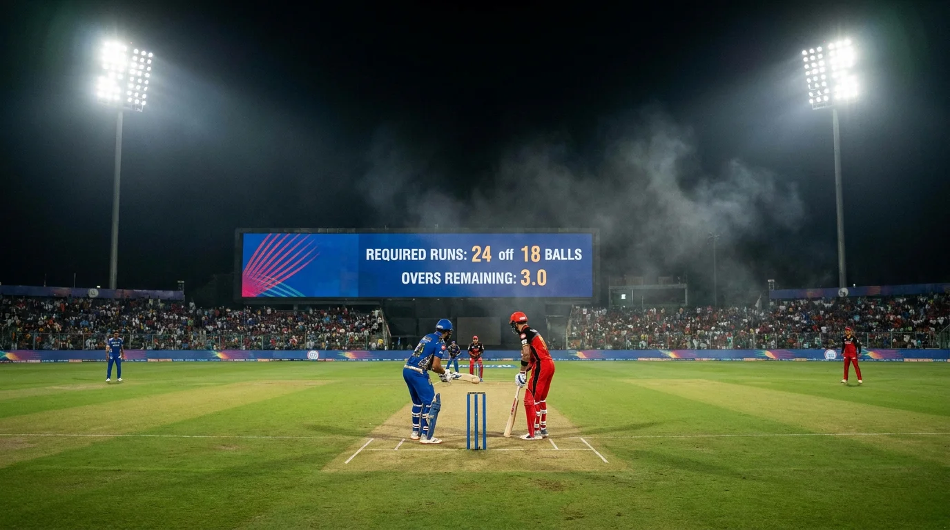 Scoreboard during a tense limited-overs cricket run chase with batsmen set at the crease