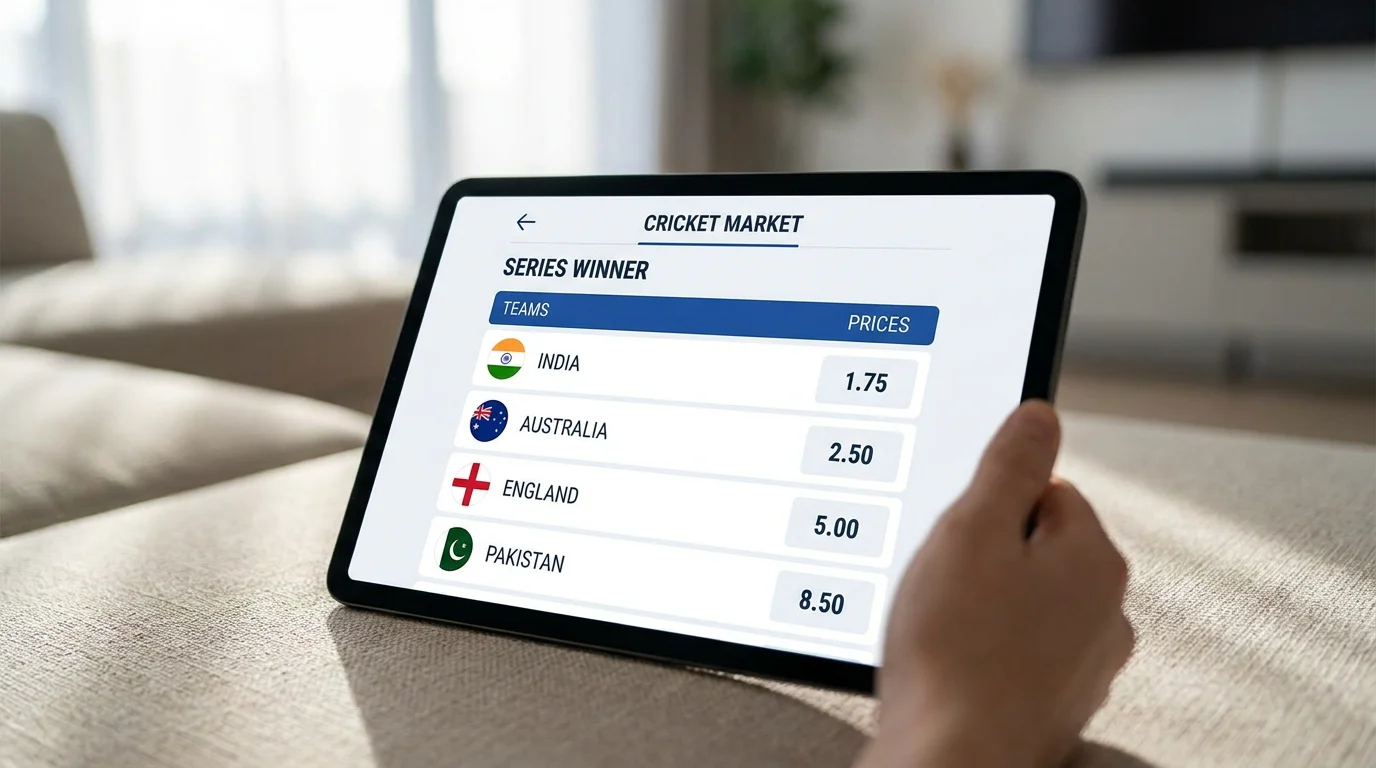 Betting screen showing a cricket series-winner outright market
