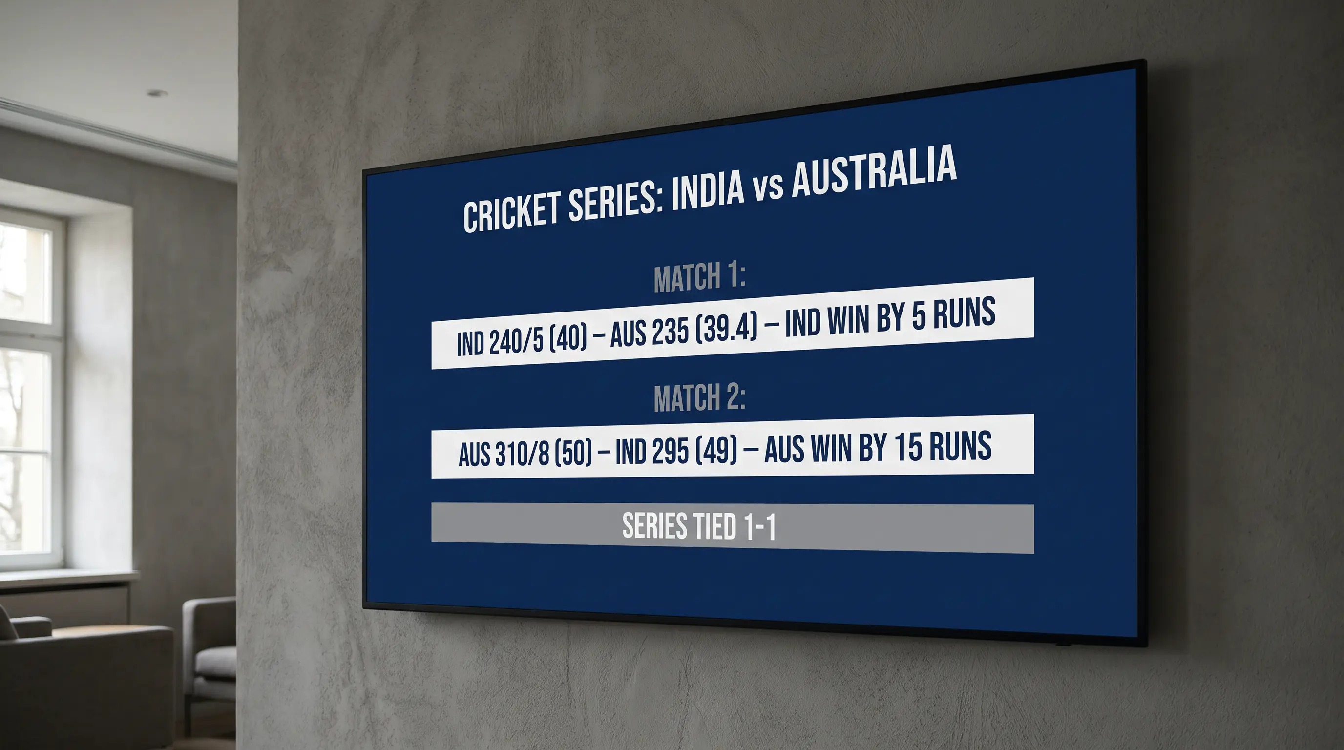 Display showing the running scoreline of a multi-match cricket series