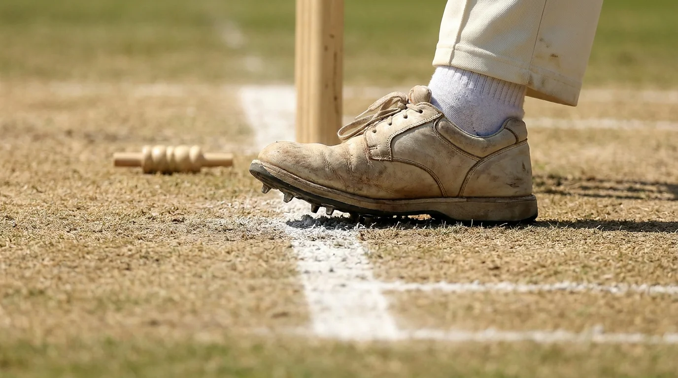 Close detail of a bowler overstepping the crease