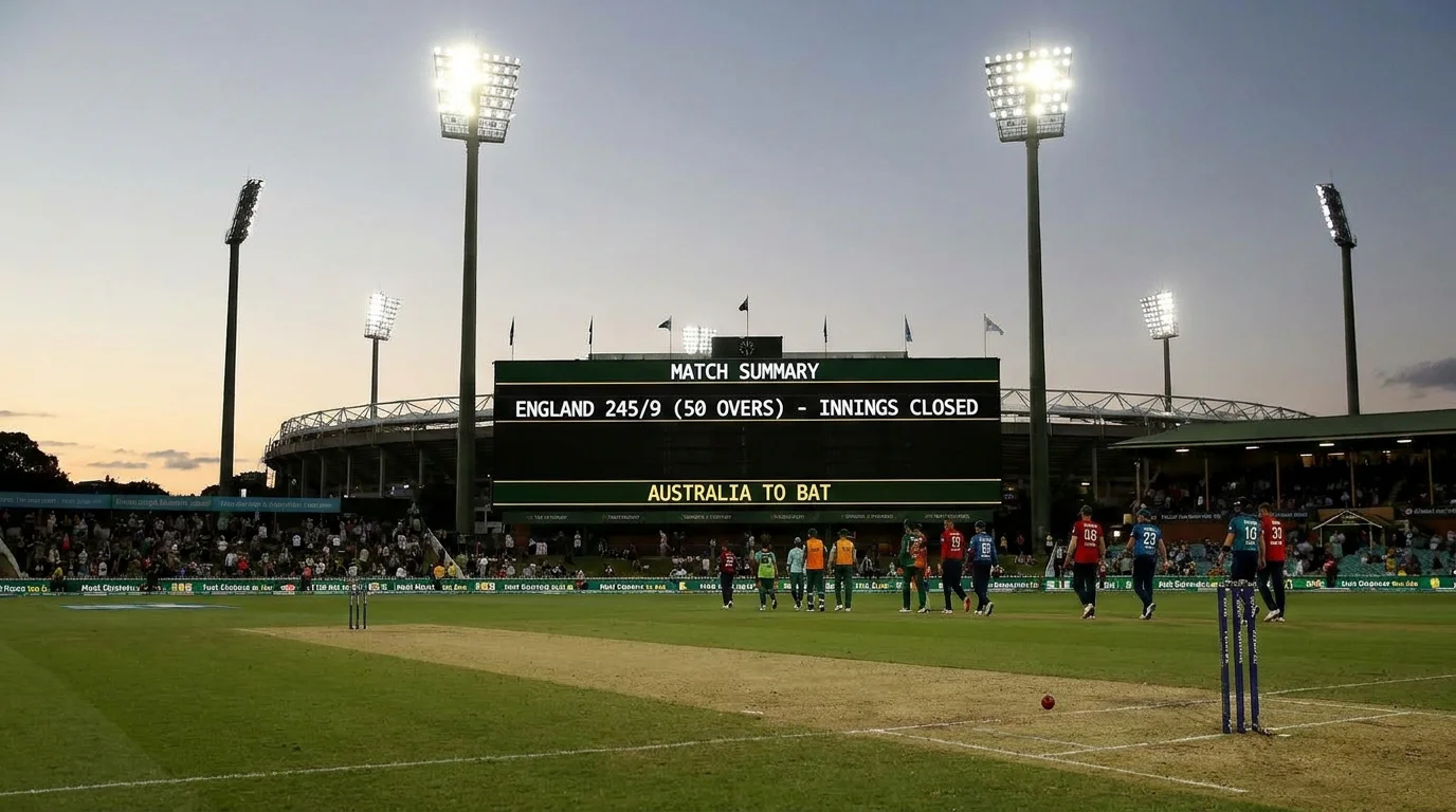 Cricket scoreboard displaying a team's innings total